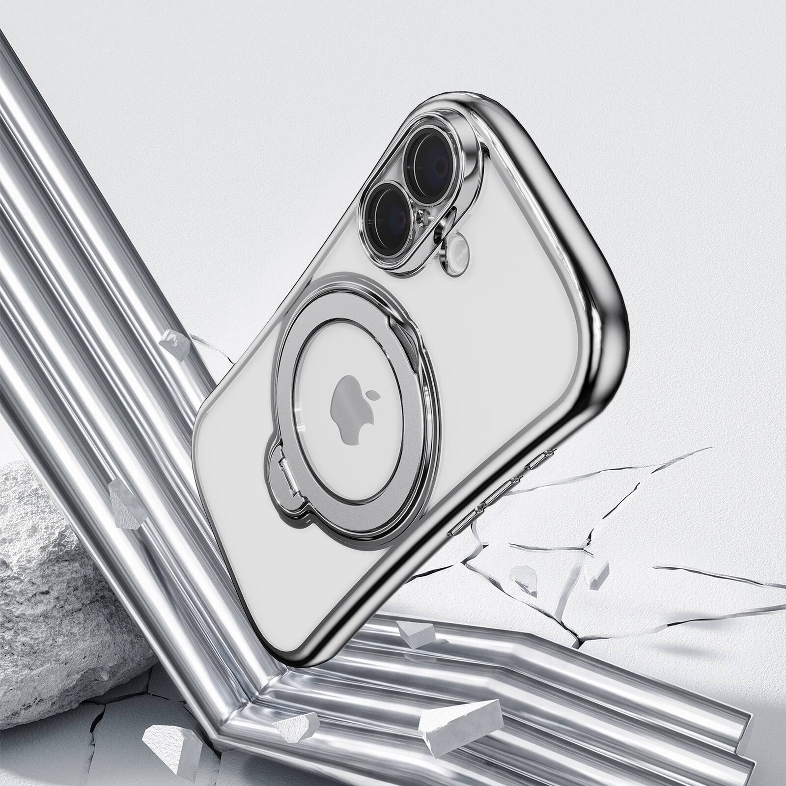 Alt View 2. Dteck - Magnetic Case for Apple iPhone 17 with 360 Ring Stand and Strap, Shockproof TPU Protective Cover Built-in Lens Protector - Silver.