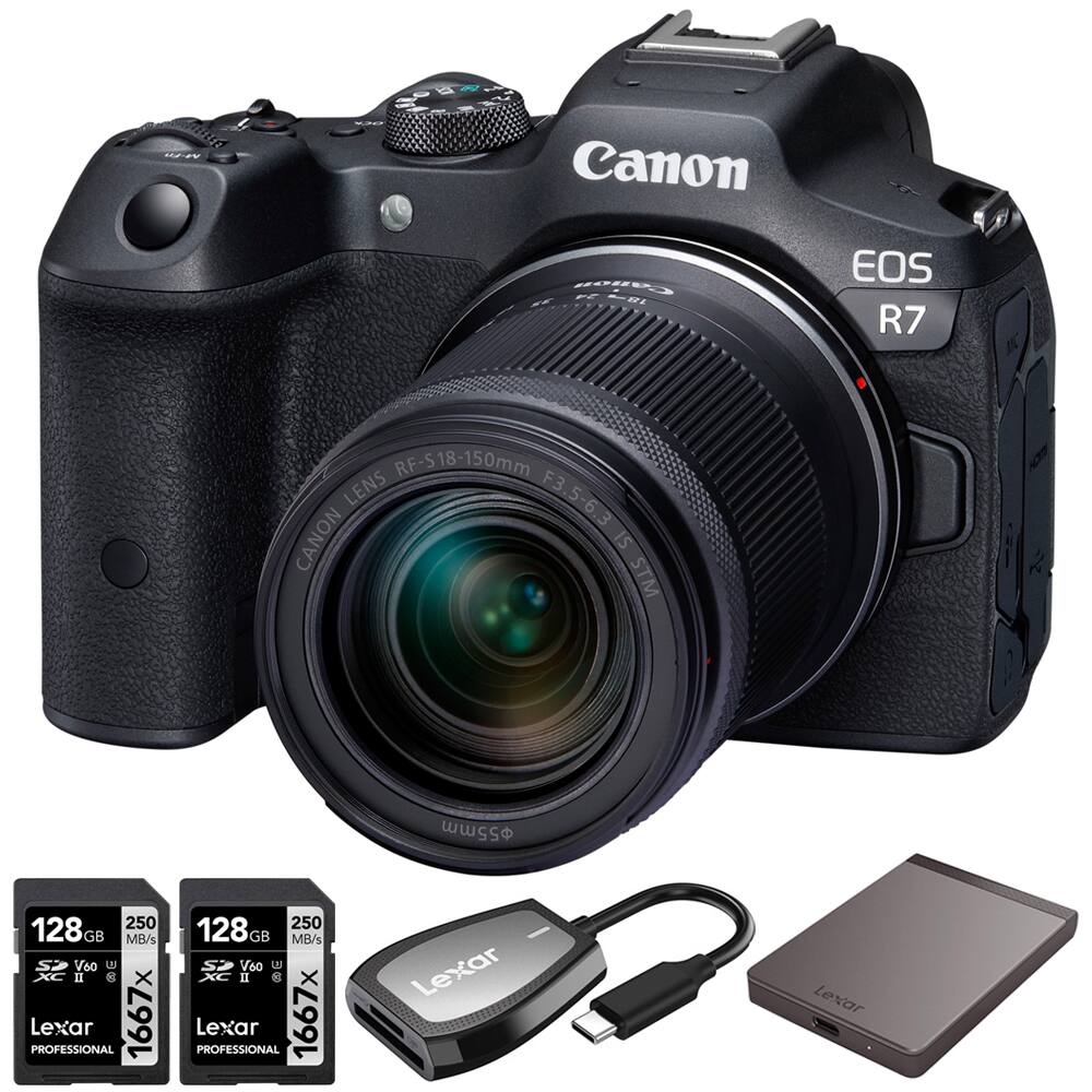 Canon EOS R7  
RF-S 18-150mm Lens F3.5-6.3 IS STM  

Lexar Professional 128GB 250 MB/s V60 U3 XC I 8 x 1667  
Lexar Professional 128GB 250 MB/s V60 U3 XC I 8 x 1667  
Lexar USB 3.0 Reader  
Lexar USB 3.0 Reader