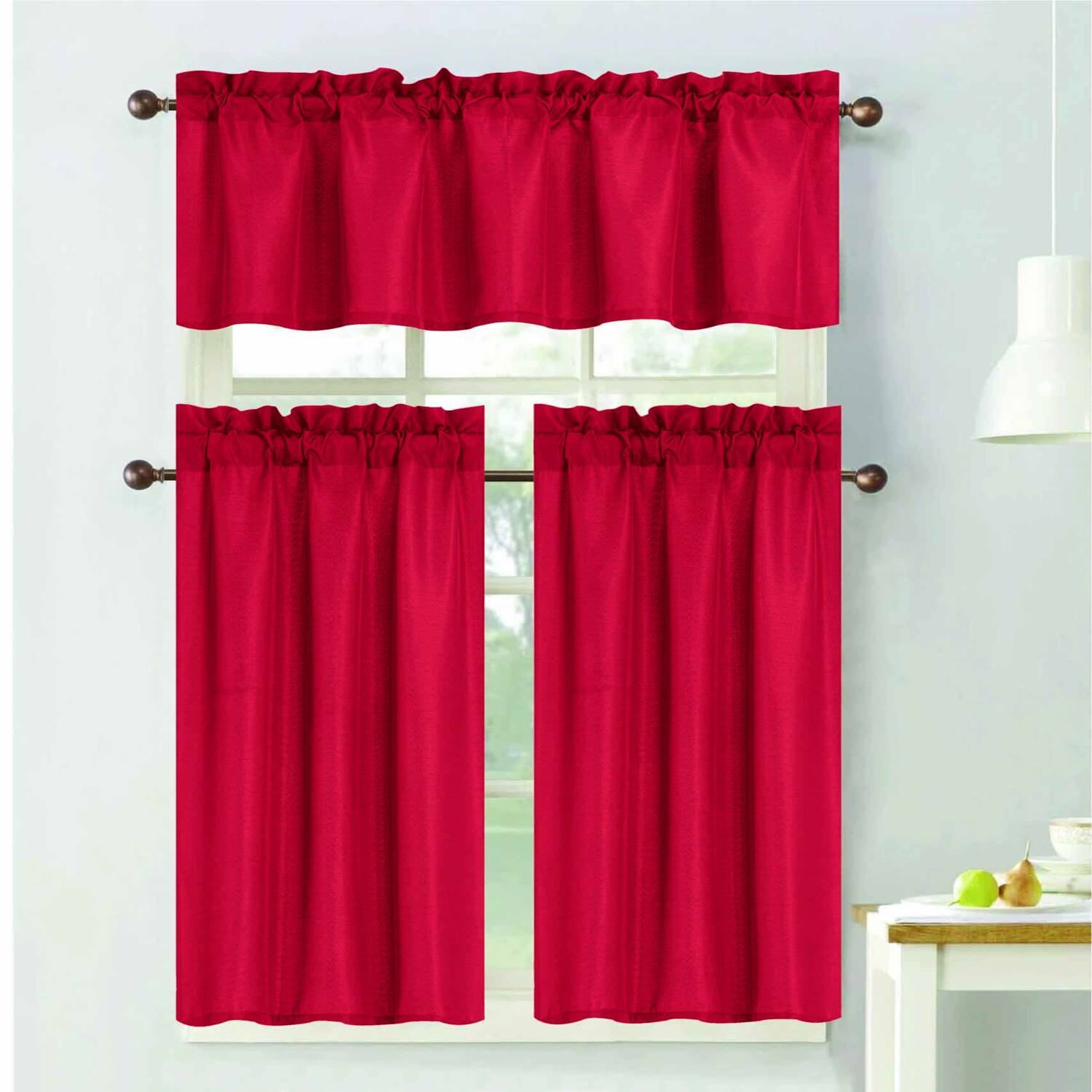 Angle. RT Designers Collection - RT Designers Collection 100% Polyester Gibson Solid 3 PC Kitchen Curtains Valance & Tiers Set 54" x 18" Red - Red.