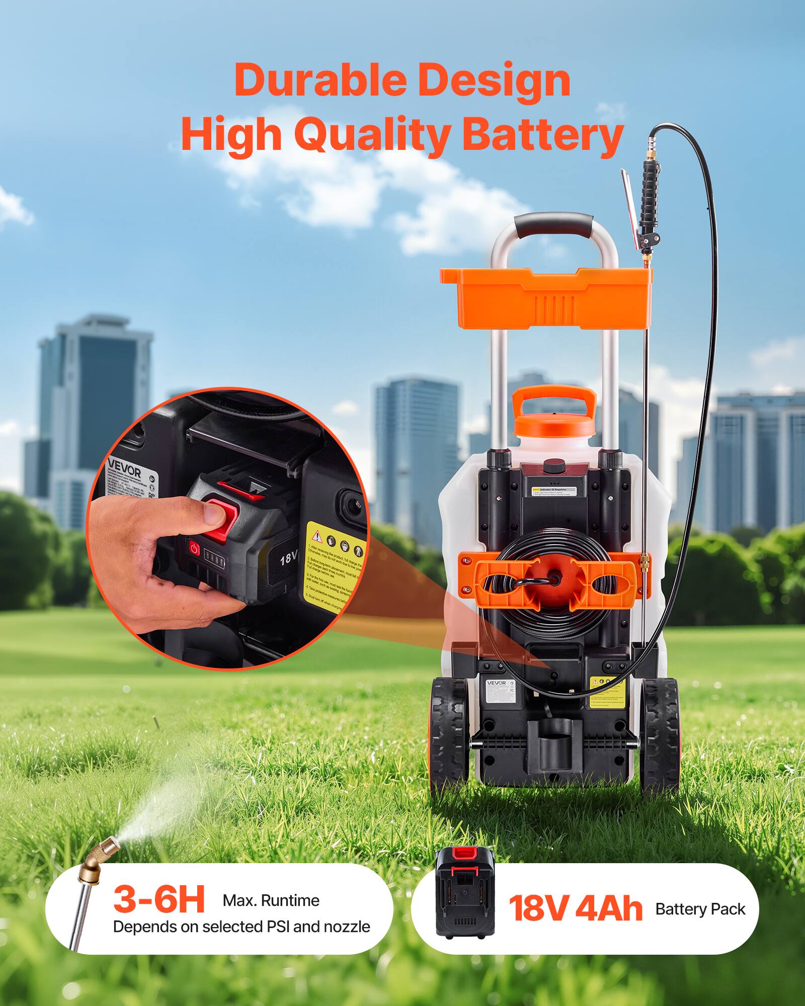 Durable Design  
High Quality Battery  

3-6H Max. Runtime  
Depends on selected PSI and nozzle  

18V 4Ah Battery Pack