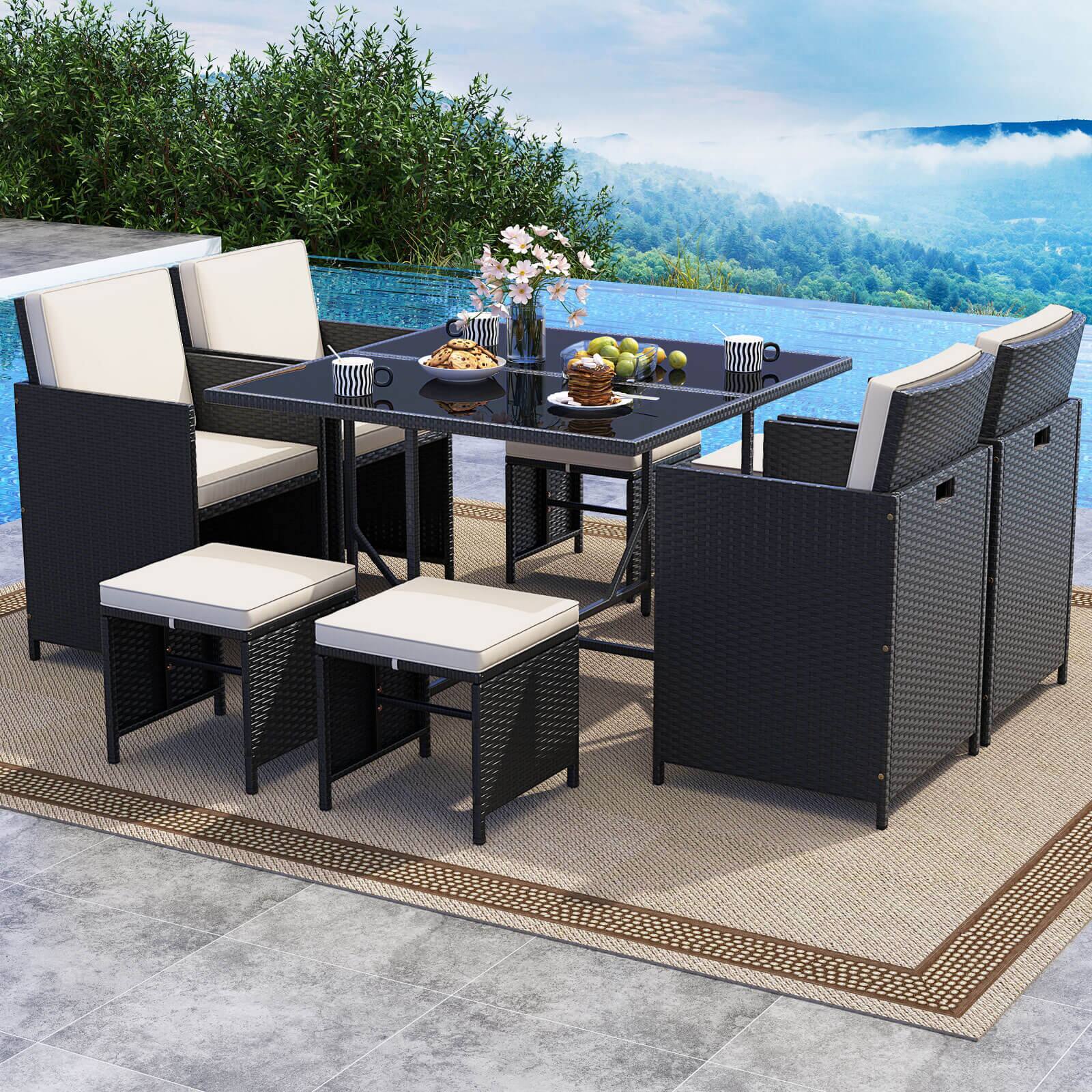 Alt View 1. Costway - Costway 9 PCS Patio Dining Set with Tempered Glass Table & Ottoman Removable Cushions - Off-White.