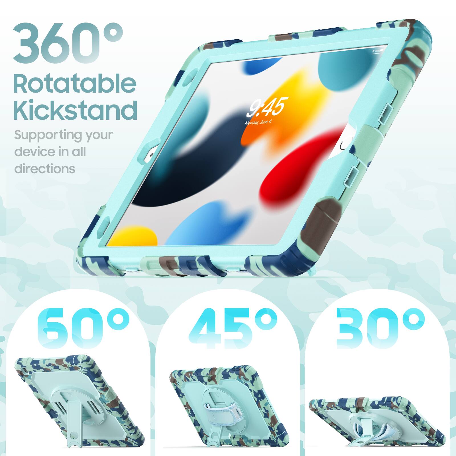 360° Rotatable Kickstand  
Supporting your device in all directions  

9:45  
Monday, June 6  

60°  
45°  
30°