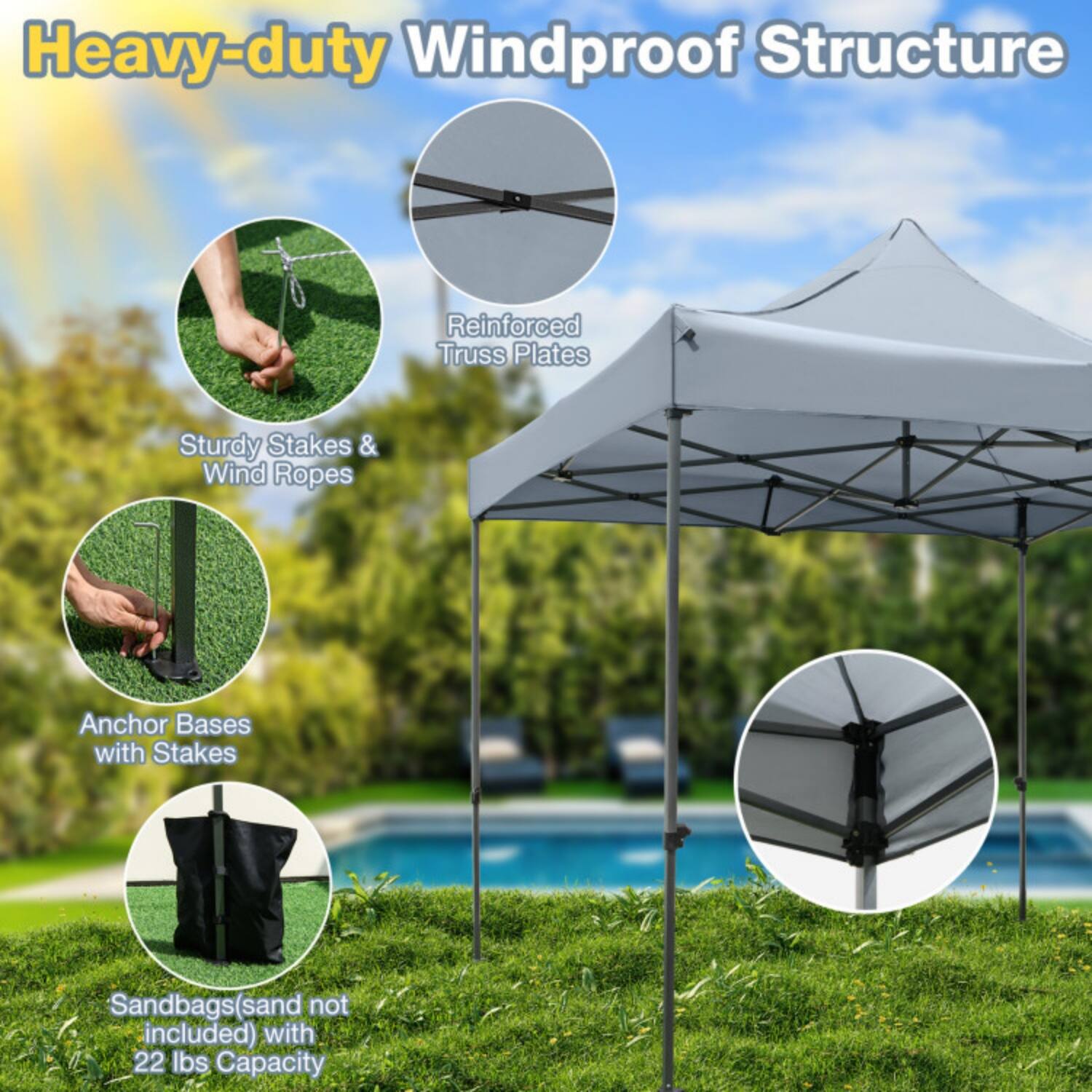 Heavy-duty Windproof Structure

- Reinforced Truss Plates
- Sturdy Stakes & Wind Ropes
- Anchor Bases with Stakes
- Sandbags (sand not included) with 22 lbs Capacity