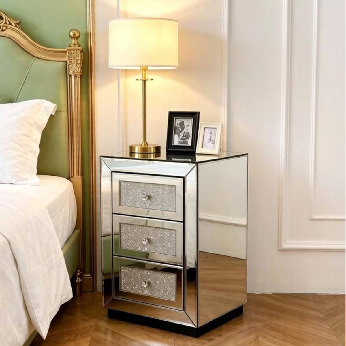Left. Loheer - Loheer 3 Drawer Mirrored Nightstand, Silver Bedroom Side Table with Crystal Handles - Silver.