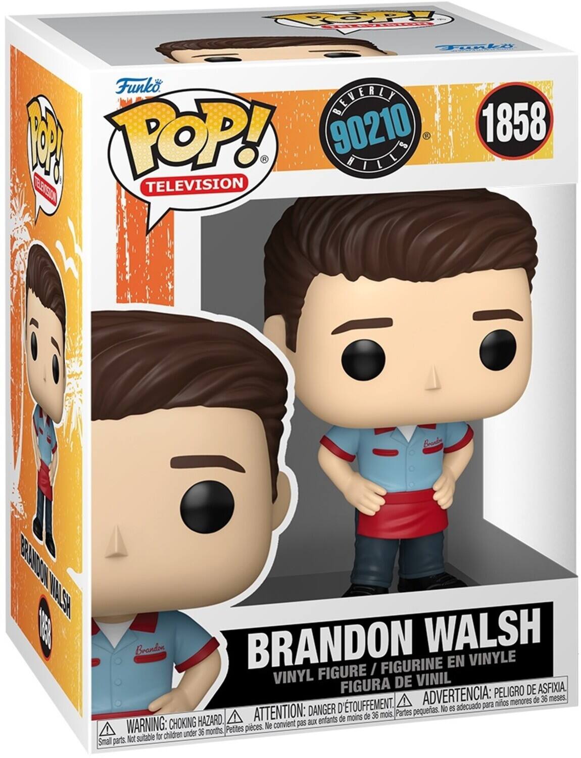 TOP! POP! BEVERLY HILLS 90210  
1858  
Brandon Walsh  
VINYL FIGURE / FIGURINE EN VINYLE / FIGURA DE VINIL  

WARNING: CHOKING HAZARD. Small parts. Not suitable for children under 36 months.  
ADVERTENCIA: PELOJO DE ASFIXIA. Piezas pequeñas. No es adecuado para niños menores de 36 meses.  
ATTENTION: DANGER D'ÉTOUFFEMENT. Petites pièces. Ne convient pas aux enfants de moins de 36 mois.