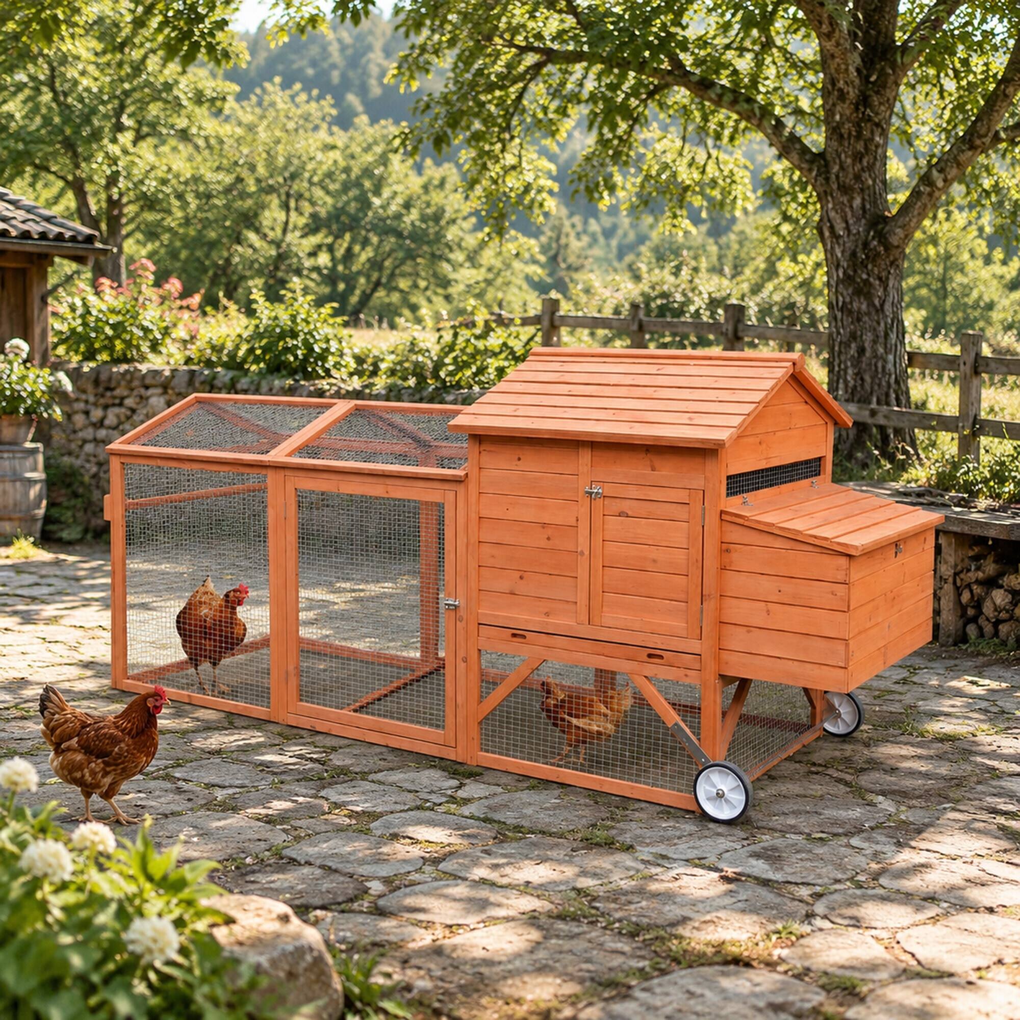 Angle. RYHNUYNE - Wooden Chicken Coop, Portable Hen House with Wheels, Nesting Box, Outdoor Run, Natural.