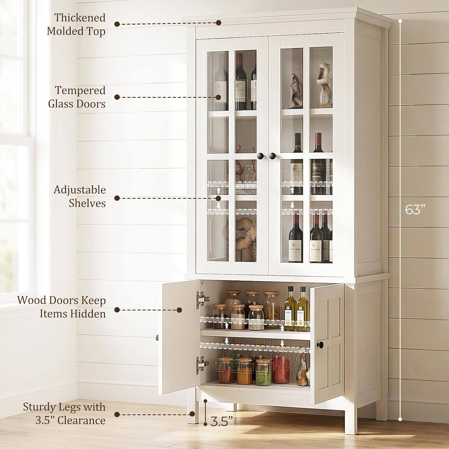 Thickened Molded Top  
Tempered Glass Doors  
Adjustable Shelves  
63"  
Wood Doors Keep Items Hidden  
Sturdy Legs with 3.5" Clearance