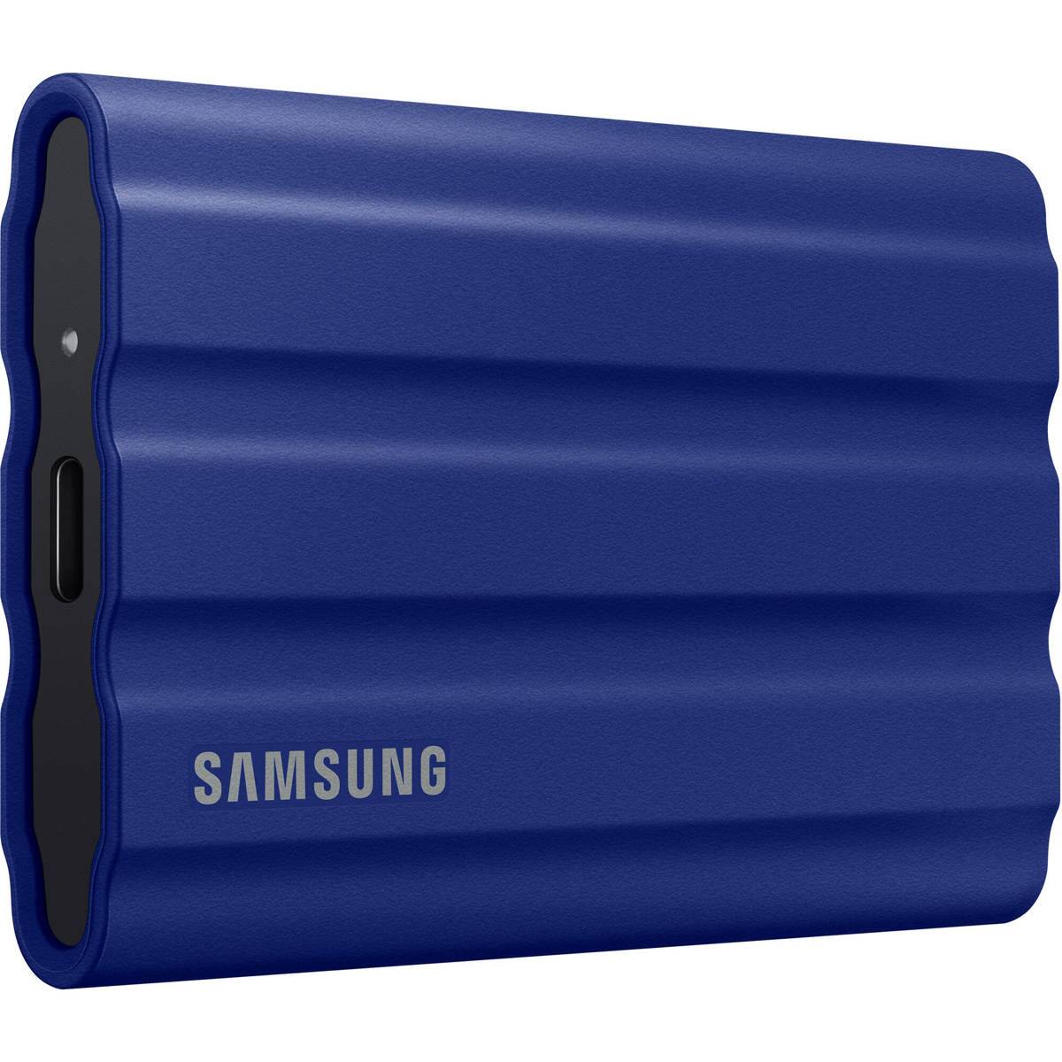 Alt View 1. Samsung - Samsung T7 Shield 2TB USB 3.2 Gen 2 Type-C Portable External SSD, Blue, with Drive Case.