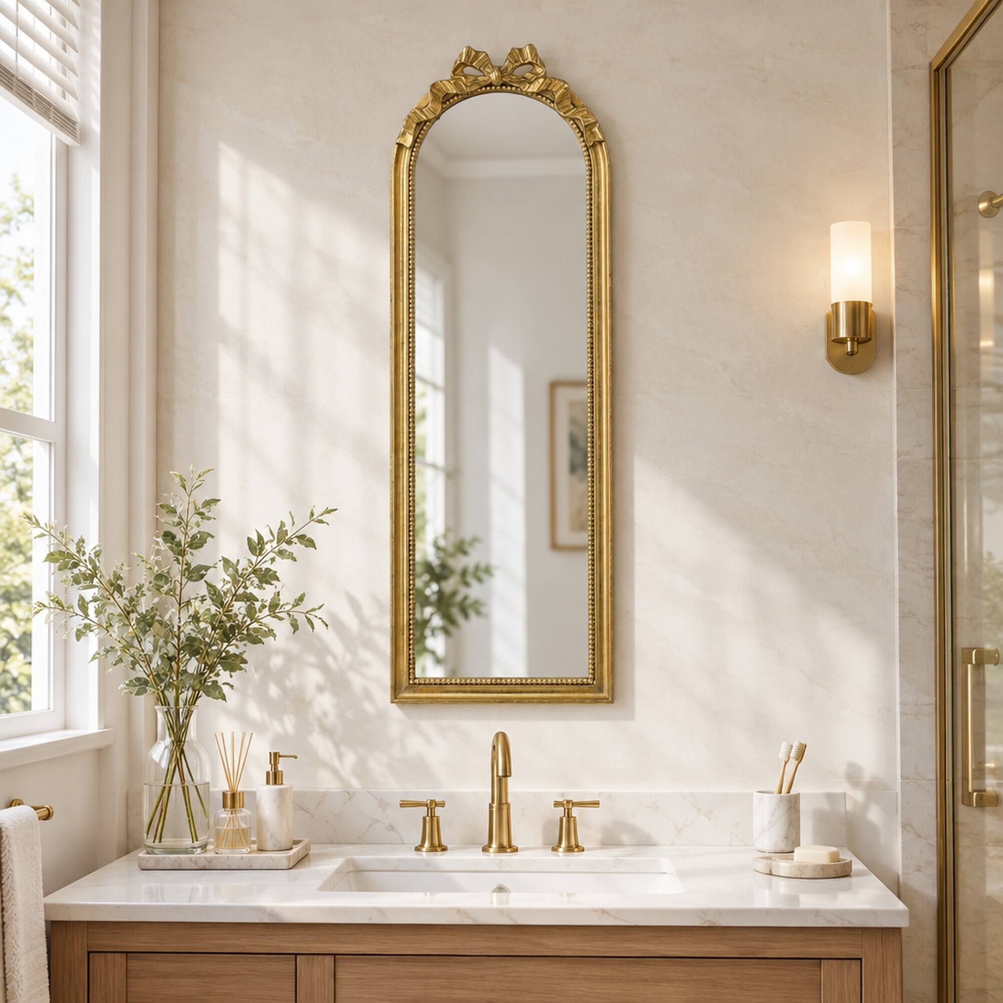 Angle. RYHNUYNE - Arched Full Length Mirror, 15.8 x 48.8 in, Gold Finish, Scrollwork Crown, Resin and MDF Frame, Wall Mounted - Gold.