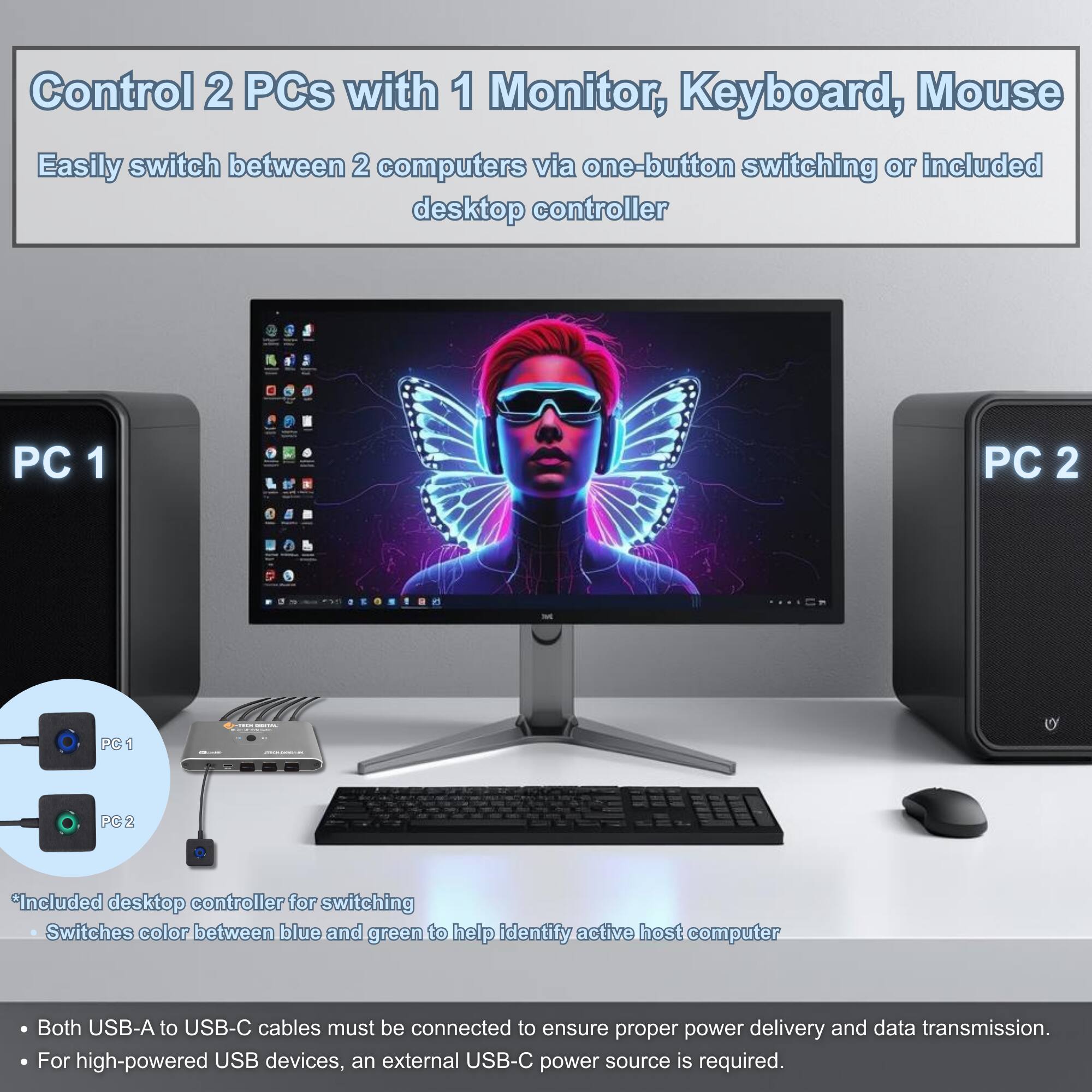 Control 2 PCs with 1 Monitor, Keyboard, Mouse  
Easily switch between 2 computers via one-button switching or included desktop controller  

*Included desktop controller for switching  
Switches color between blue and green to help identify active host computer  

Both USB-A to USB-C cables must be connected to ensure proper power delivery and data transmission.  
For high-powered USB devices, an external USB-C power source is required.
