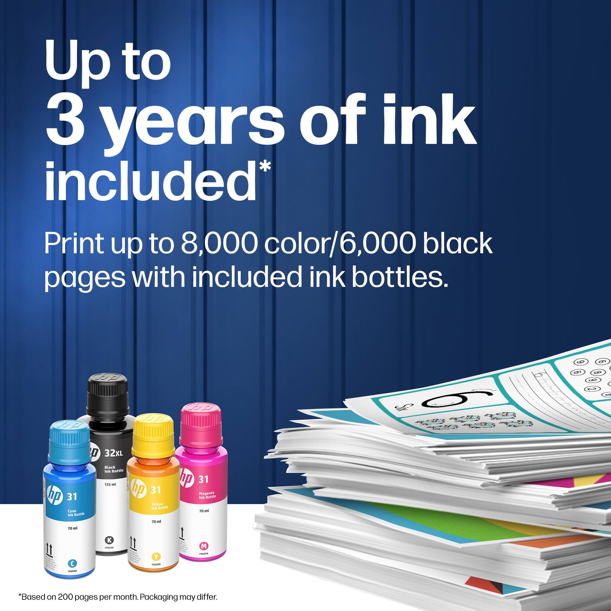 Up to 3 years of ink included*  
Print up to 8,000 color/6,000 black pages with included ink bottles.  
*Based on 200 pages per month. Packaging may differ.