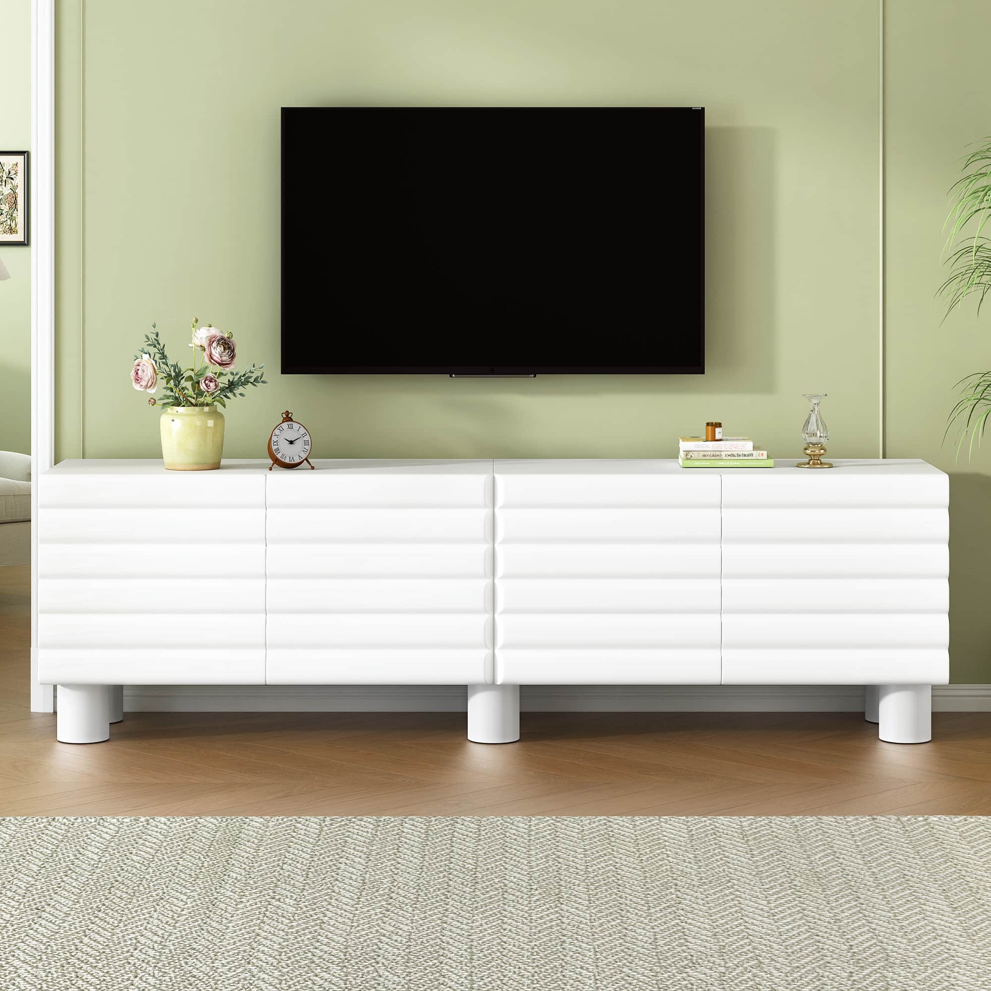 Spaco - Wavy Door TV Stand for 75" TV, Stylish Solid Media Console with Adjustable Shelves and 4 Cabinets for Living Room - White