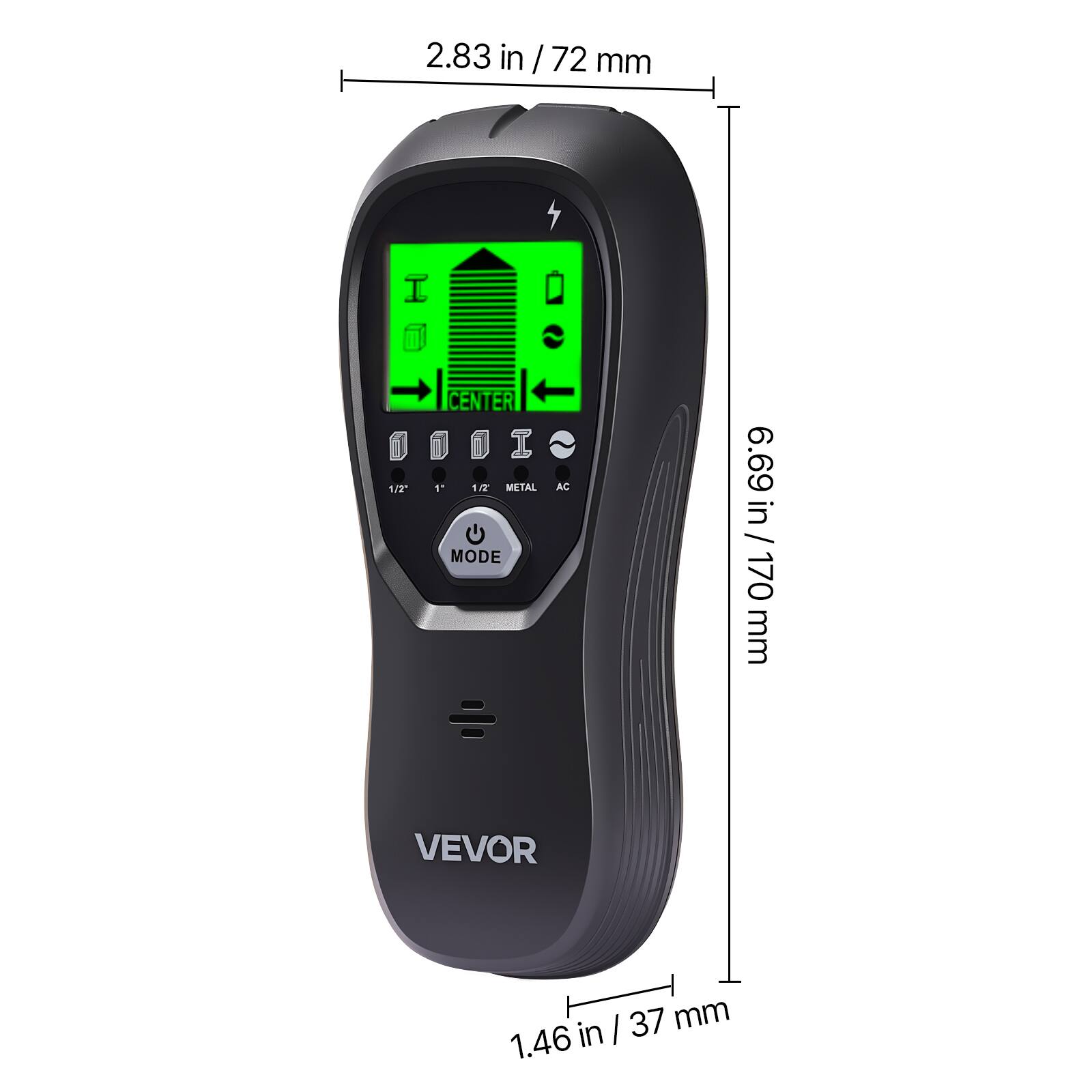 2.83 in / 72 mm  
1/2 CENTER  
1 1/4 METAL MODE  
AC 6.69 in / 4L  
170 mm  
VEVOR  
1.46 in / 37 mm