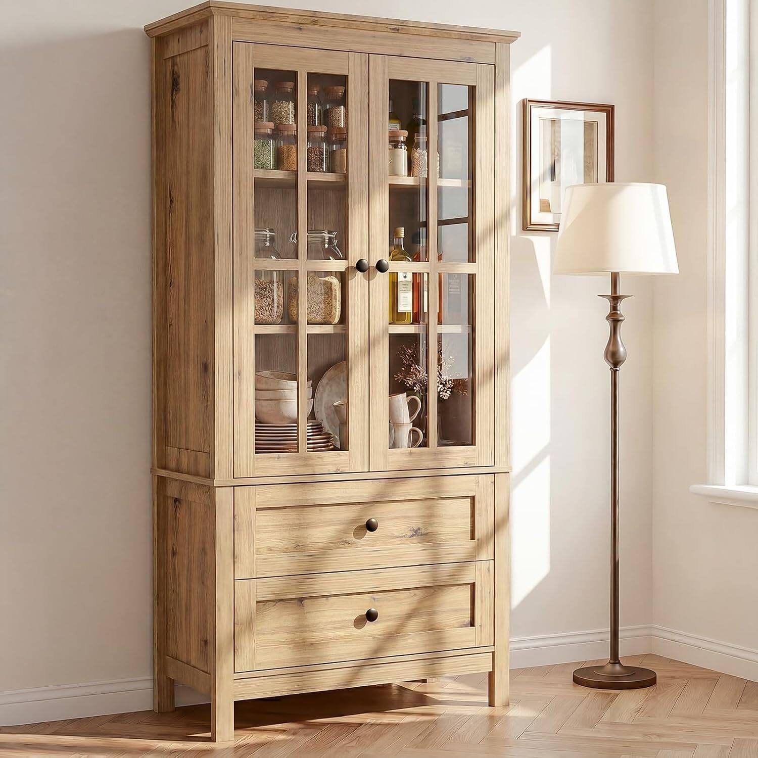 Alt View 1. Aheaplus - 63'' Tall Farmhouse Kitchen Pantry Cabinet with 2 Drawers and Adjustable Shelf - Yellow Oak.