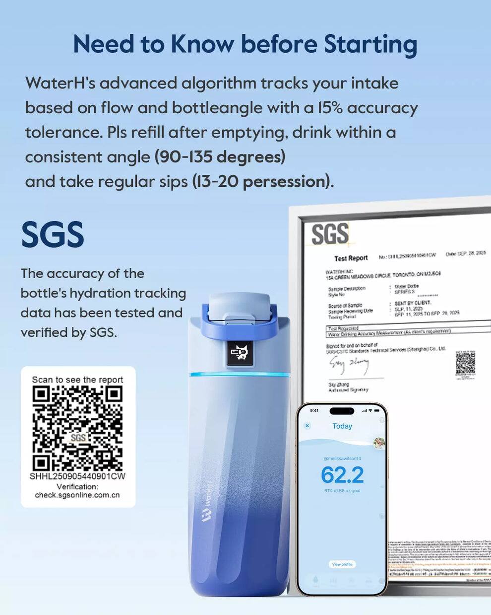 Need to Know before Starting

WaterH's advanced algorithm tracks your intake based on flow and bottleangle with a 15% accuracy tolerance. Pls refill after emptying, drink within a consistent angle (90-135 degrees) and take regular sips (13-20 per session).

SGS

The accuracy of the bottle's hydration tracking data has been tested and verified by SGS.

Scan to see the report

Verification: check.sgsonline.com.cn

SHHL250905440901CW

Today

62.2
91% of 68 oz goal