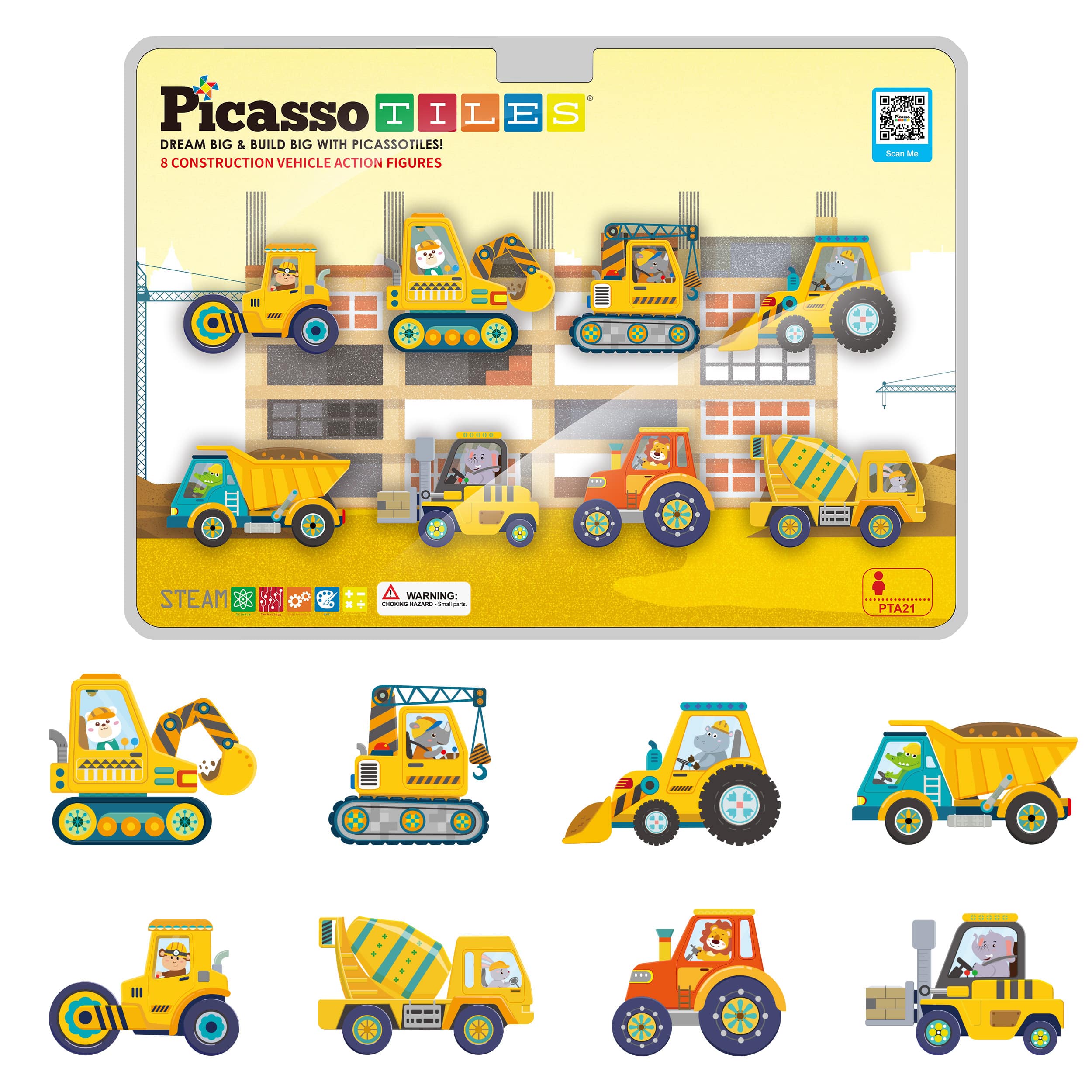 Picasso Tiles  
DREAM BIG & BUILD BIG WITH PICASSOTILES!  
8 CONSTRUCTION VEHICLE ACTION FIGURES  

STEAM  
WARNING: CHOKING HAZARD - Small parts. Not for children under 3 years.  

PTA21