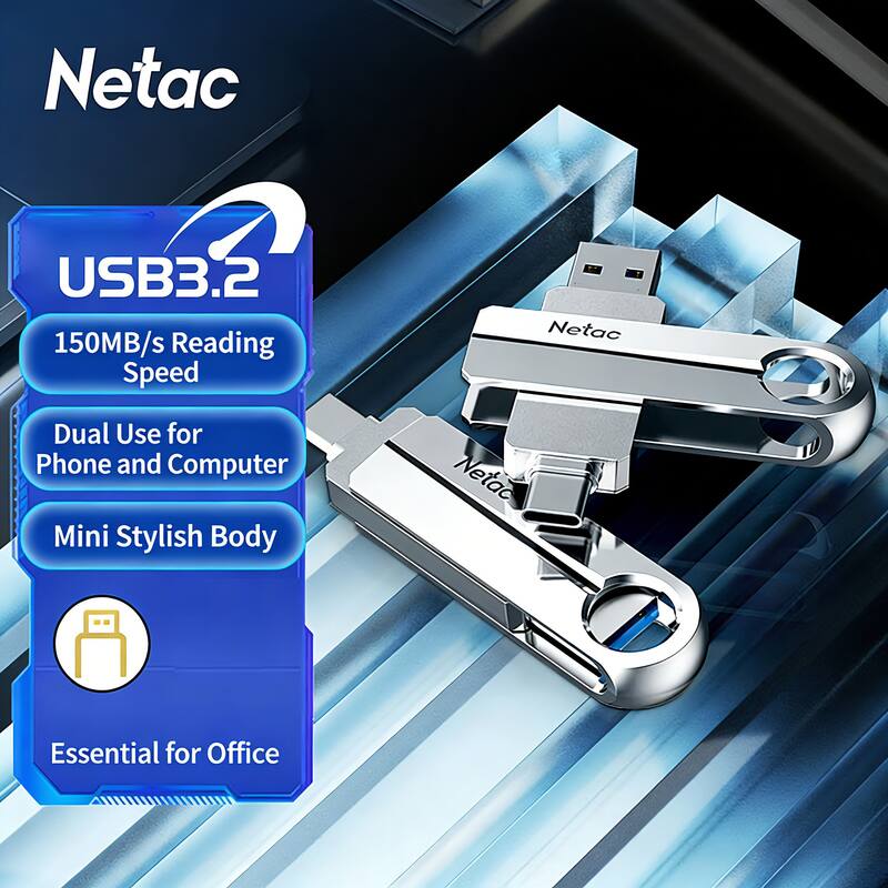 Netac USB3.2 150MB/s Reading Speed  
Netac Dual Use for Phone and Computer  
Mini Stylish Body  
Netac Essential for Office