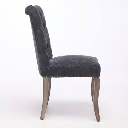 Angle. LUCKY ONE - Assembled Tufted Chenille Dining Chair Set of 2 with Curved Solid Wood Legs Club Chair Style - Black.