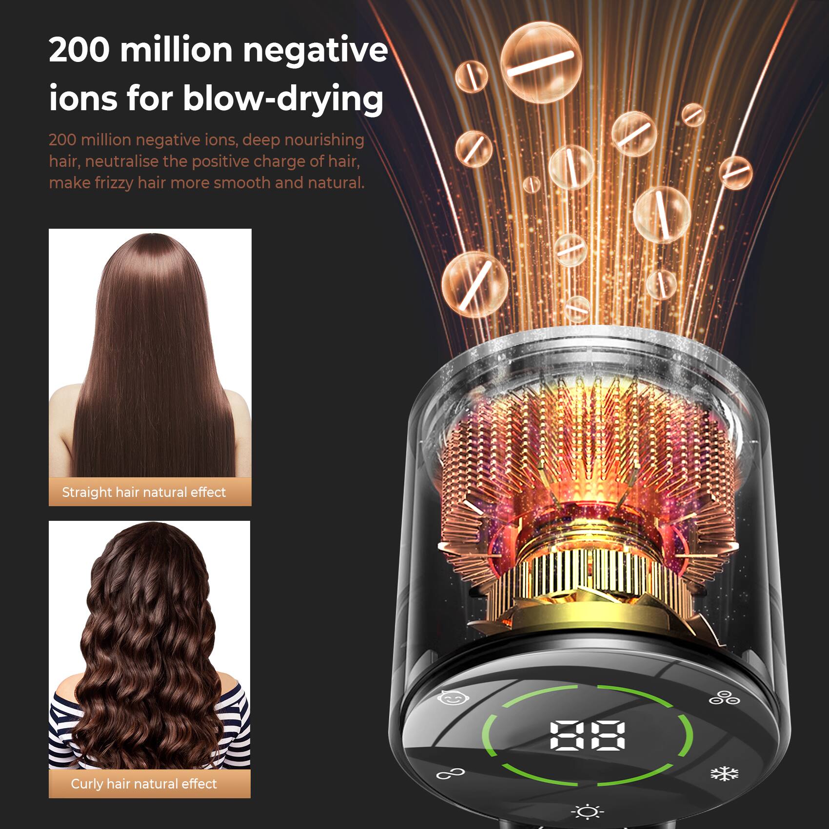 200 million negative ions for blow-drying

200 million negative ions, deep nourishing hair, neutralise the positive charge of hair, make frizzy hair more smooth and natural.

Straight hair natural effect

Curly hair natural effect