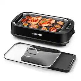 Cusimax - Smokeless Electric Portable Indoor Grill With 2 Non Stick Pan And 1 Griddle Plate For Home BBQ Parties Apt - Black