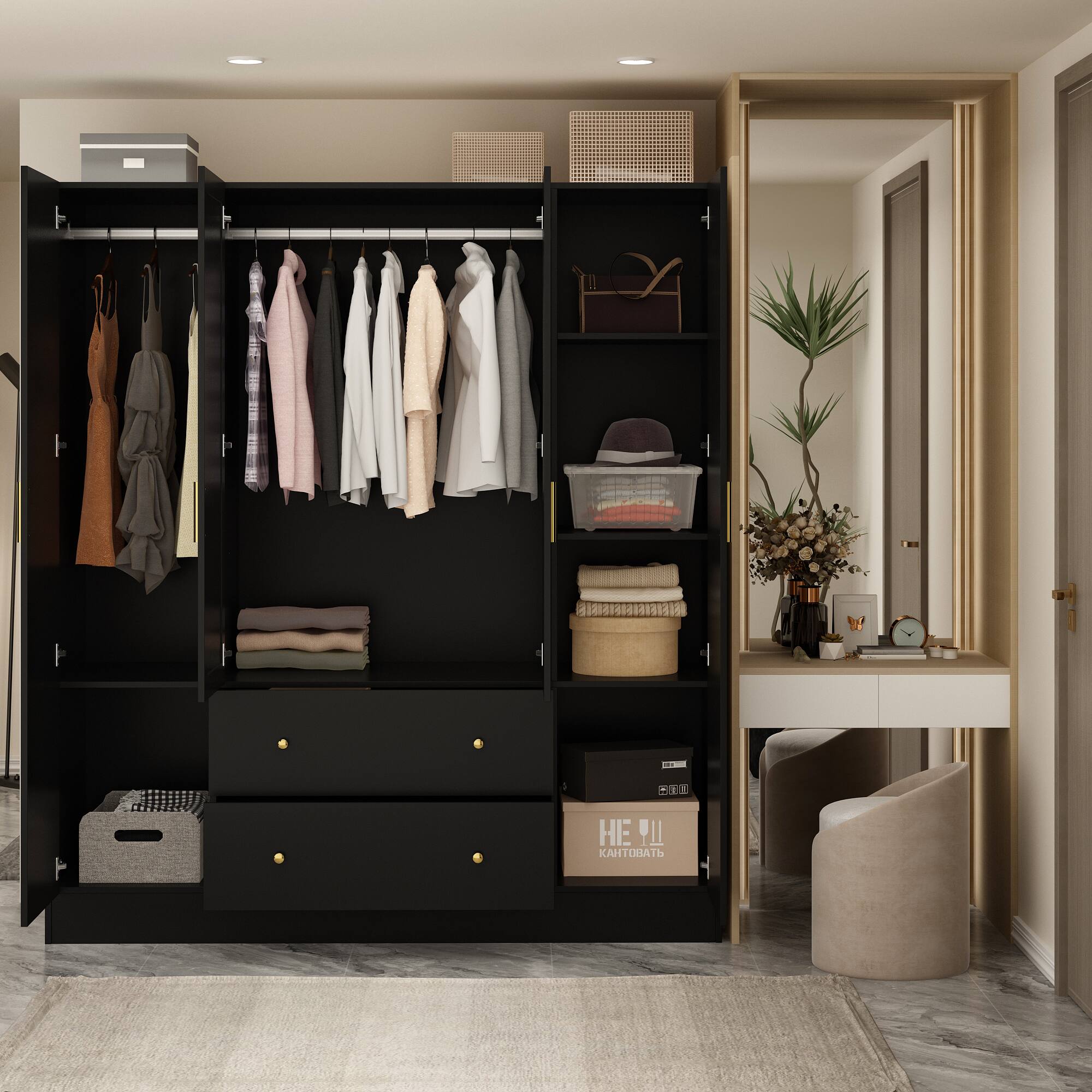 Back. Famapy - Full-Length Mirror Wardrobe with Drawers & Open Shelves Modern Bedroom Closet for Clothes, Accessories & Organization - Black.