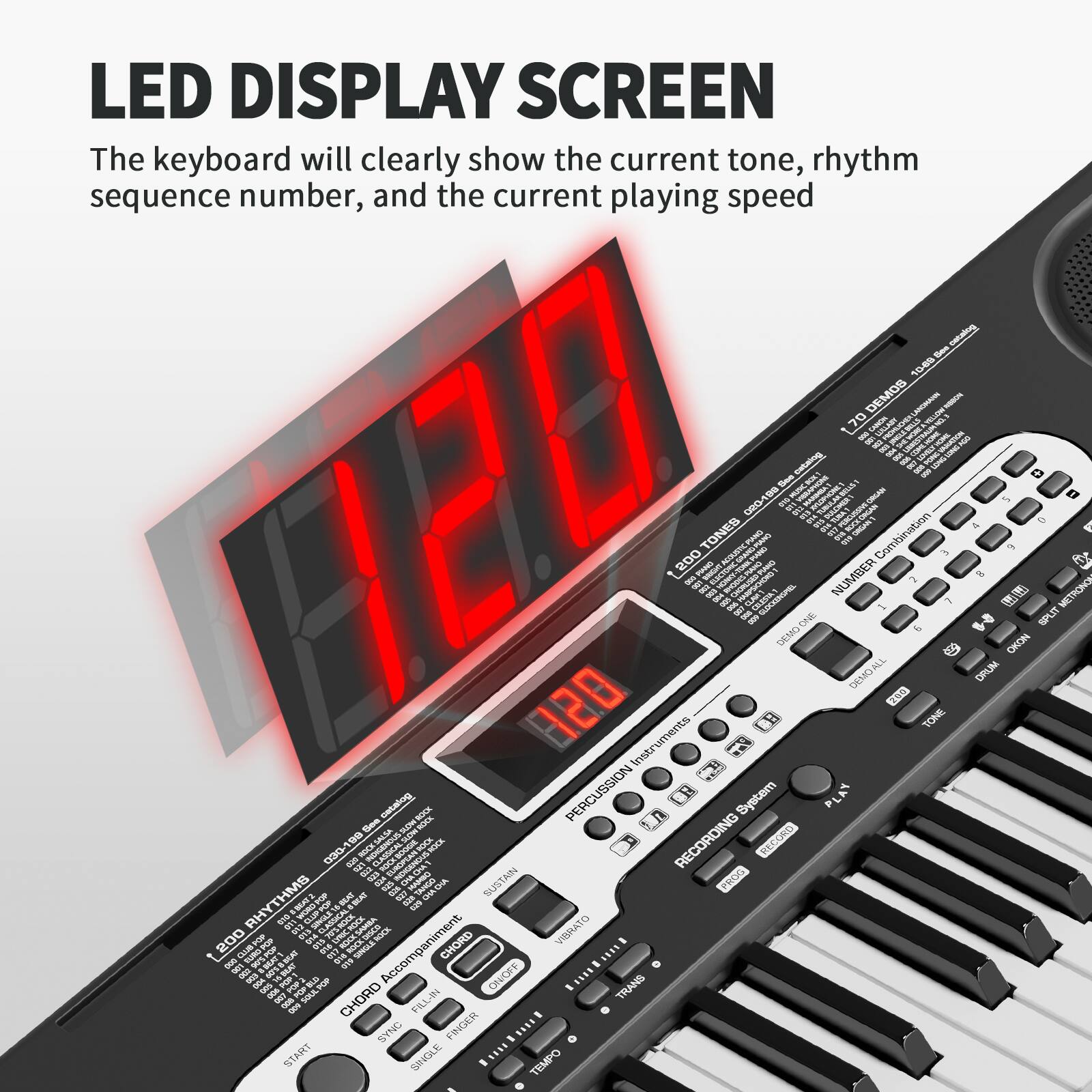 LED DISPLAY SCREEN

The keyboard will clearly show the current tone, rhythm sequence number, and the current playing speed.