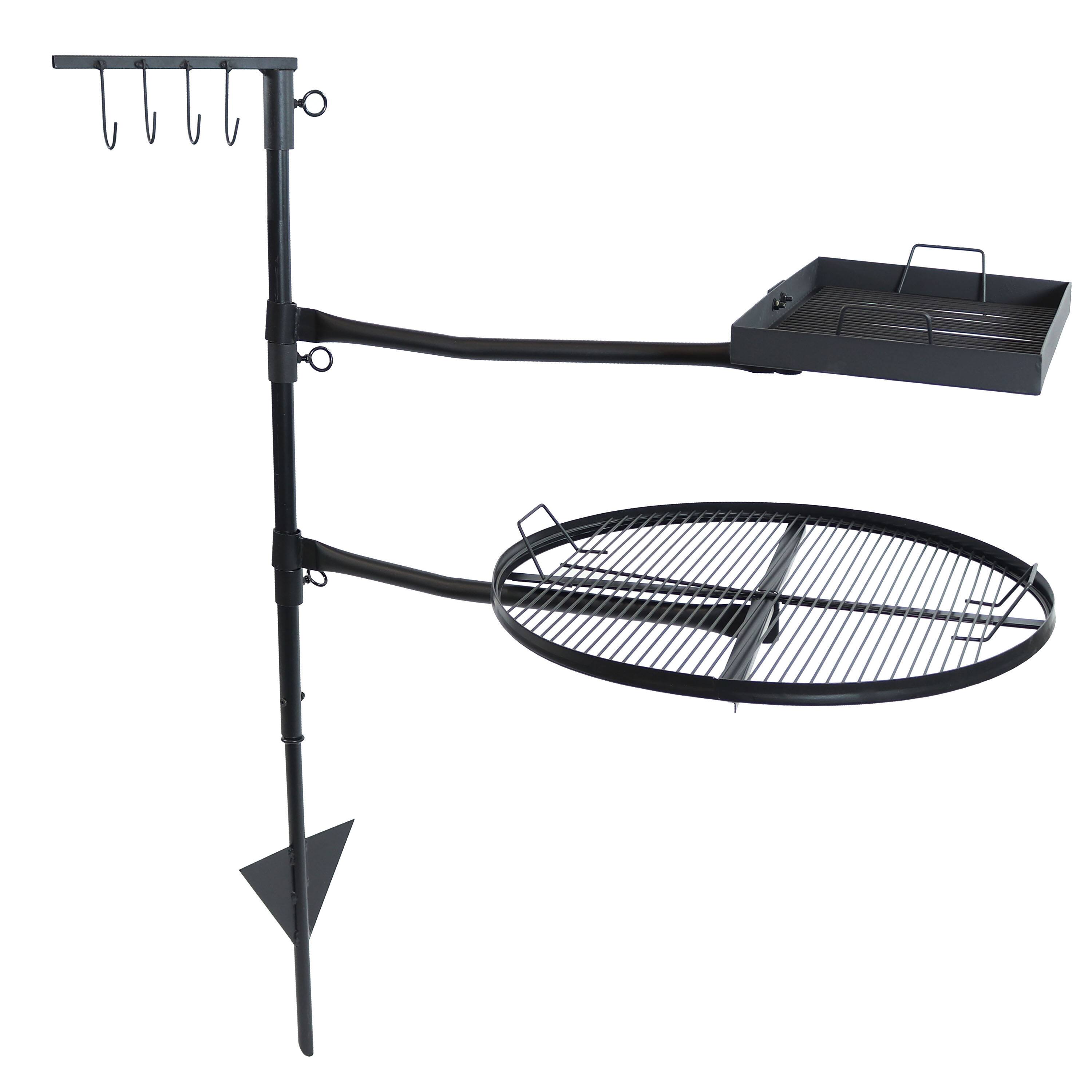 Front. Sunnydaze - Steel Fire Pit Cooking Grill Swivel Set with Stand/Ground Stake - Black.
