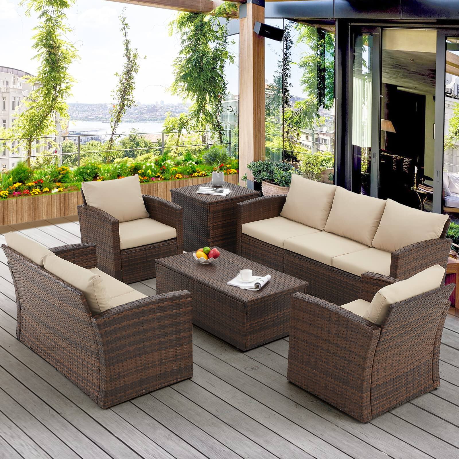 Mondawe - 7-Piece Rattan Storage Seating Set with Coffee Table and Side Table - Brown+Beige