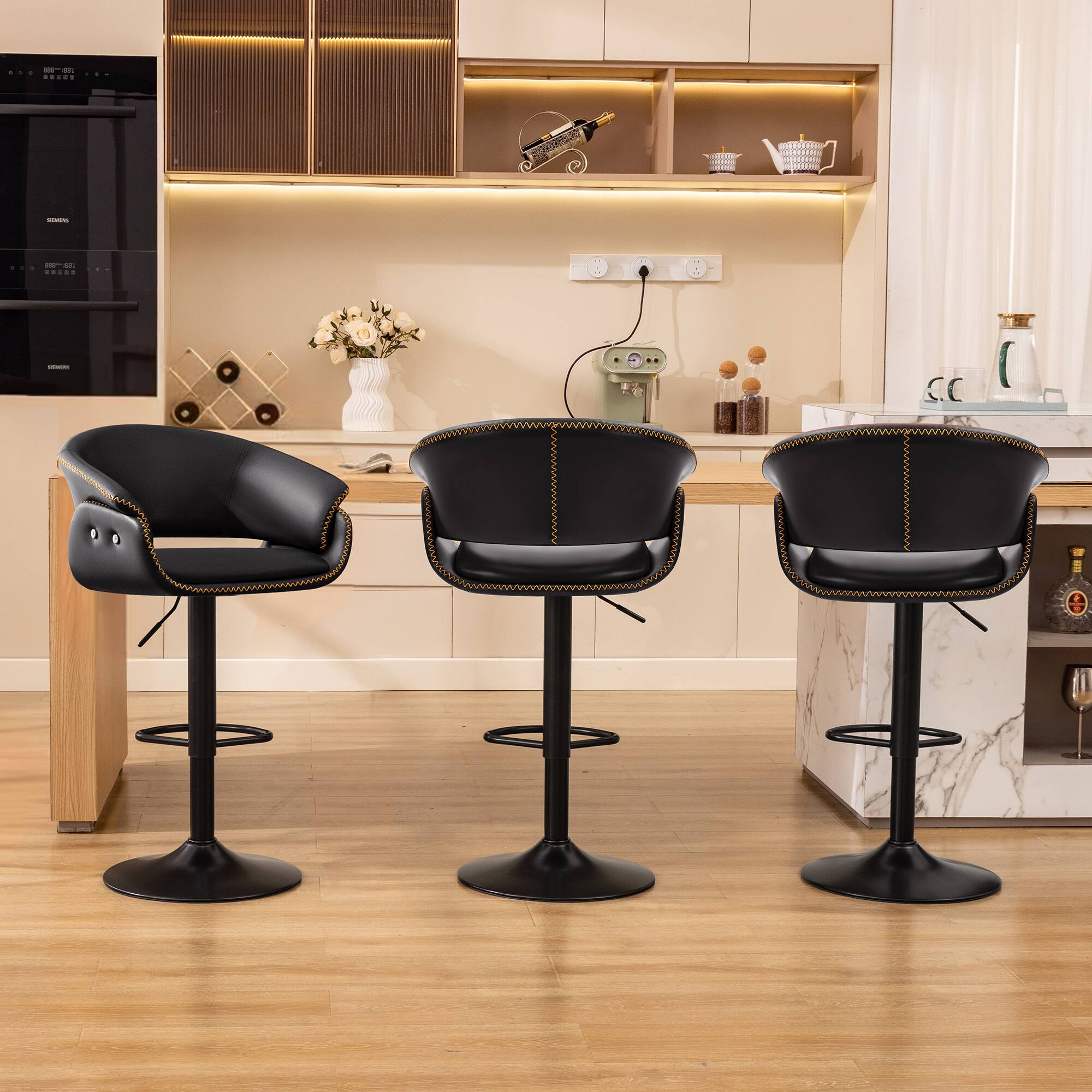 Front. Brick Attic - 3PCS 24"-32"Adjustable Height Upholstered Low Back Bar ,360° Swivel PU Counter Stool  with  Footrest - Black.