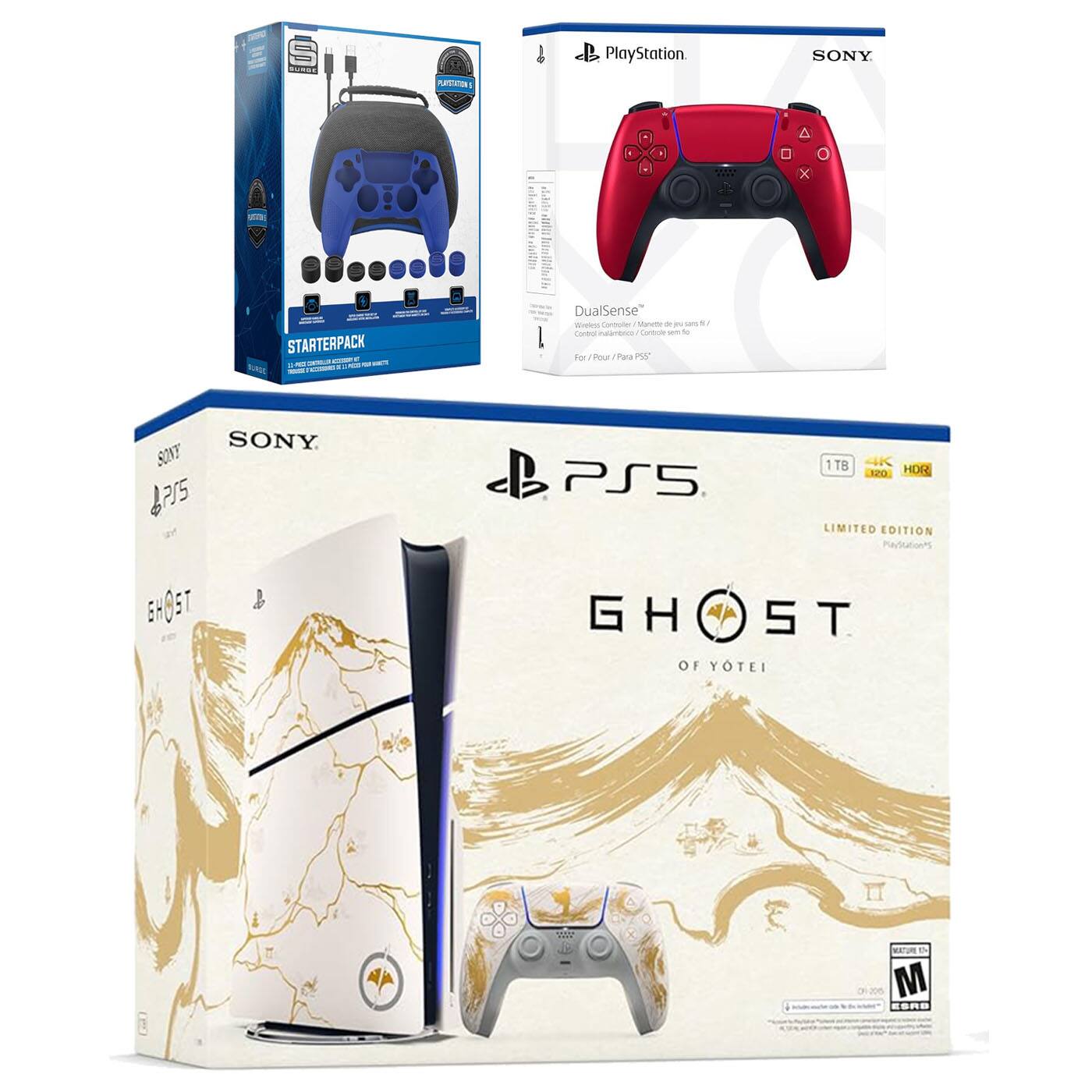 Sure, here is the corrected and grouped text from the image:

---

**PlayStation**

**SONY**

**DualSense™**

Controlador inalámbrico / Controller sans fil

For / Pour / Para PS5

**STARTERPACK**

**SONY**

**PS5**

**LIMITED EDITION**

**1TB**

**4K**

**HDR**

**GHOST OF YOTAI**

**BHO5T**

**M**

**PEGI 16**

**SONY**

**PS5**

**1TB**

**4K**

**HDR**

**LIMITED EDITION**

**GHOST OF YOTAI**

**BHO5T**

**M**

**PEGI 16**

---

This text is grouped based on the visible elements in the image.