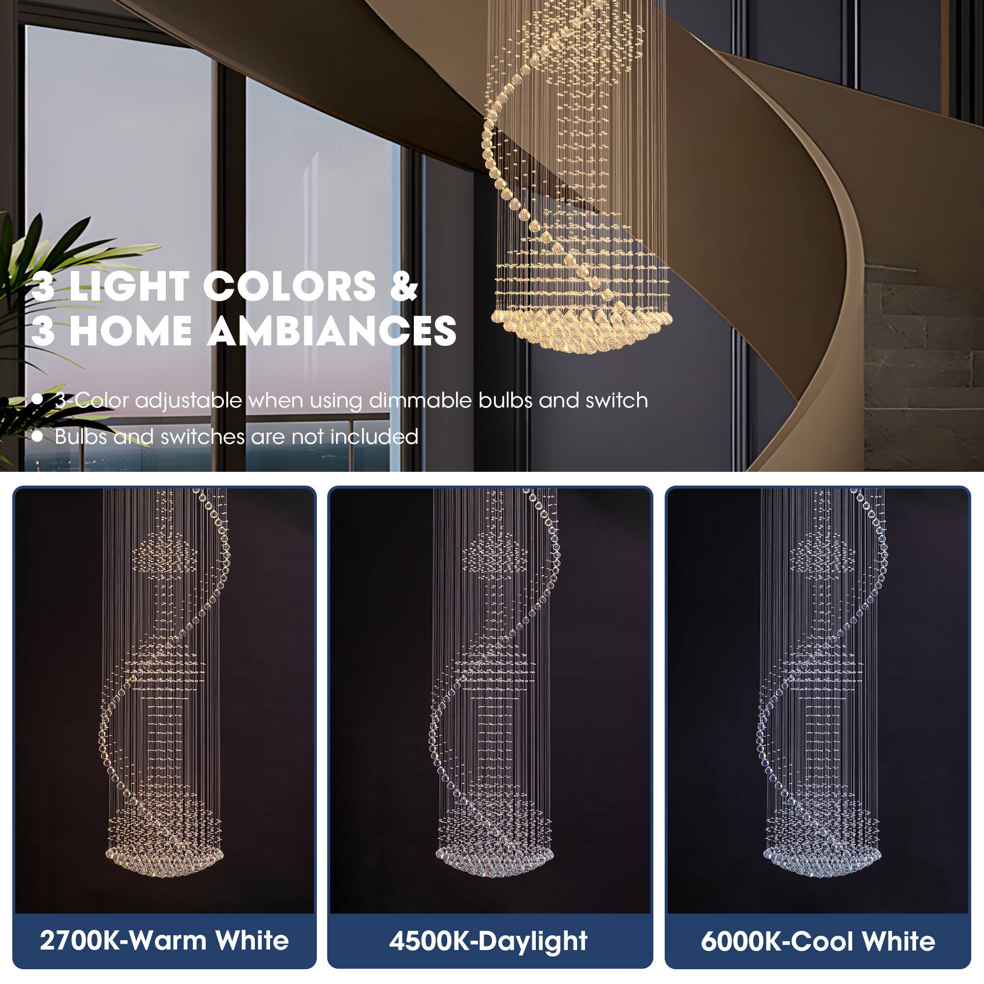 3 LIGHT COLORS & 3 HOME AMBIANCES

- 3-Color adjustable when using dimmable bulbs and switch
- Bulbs and switches are not included

2700K-Warm White
4500K-Daylight
6000K-Cool White