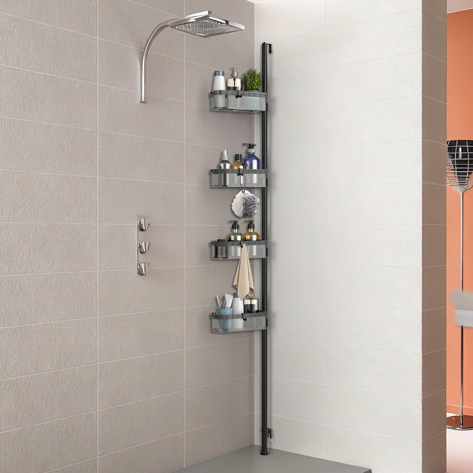 Back. Oumilen - 4-Tier No-Drill Corner Shower Caddy, 74.1in Wall-Mount Bathroom Storage Organizer with Drainage Baskets for Shower - Black.