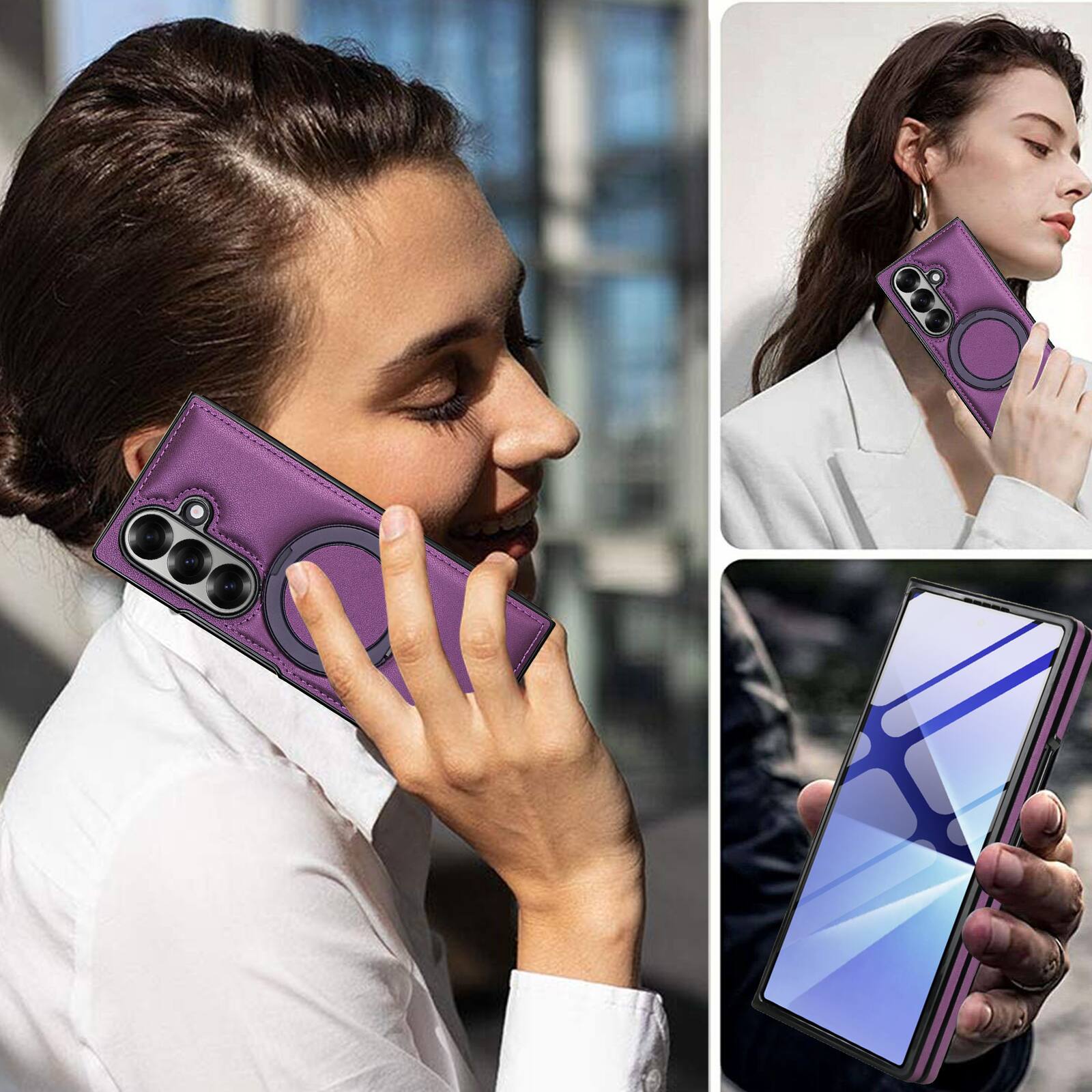 Alt View 5. Dteck - Magnetic Case for Samsung Galaxy Z Fold7 with Ring Kickstand,Built-in Screen Protector,Faux Leather Shockproof Cover - Darkpurple.