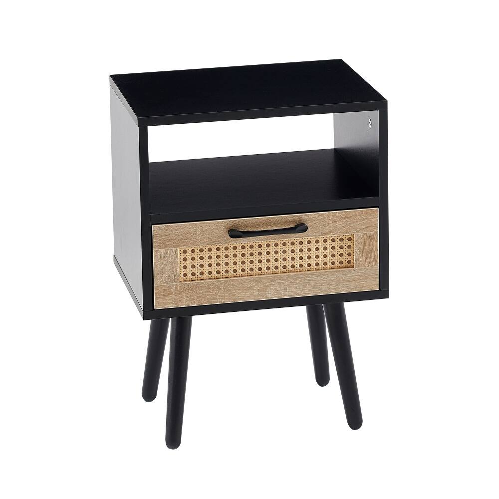 Alt View 4. Loheer - Loheer Black Rattan End Table Modern Nightstand with Drawer - Black.