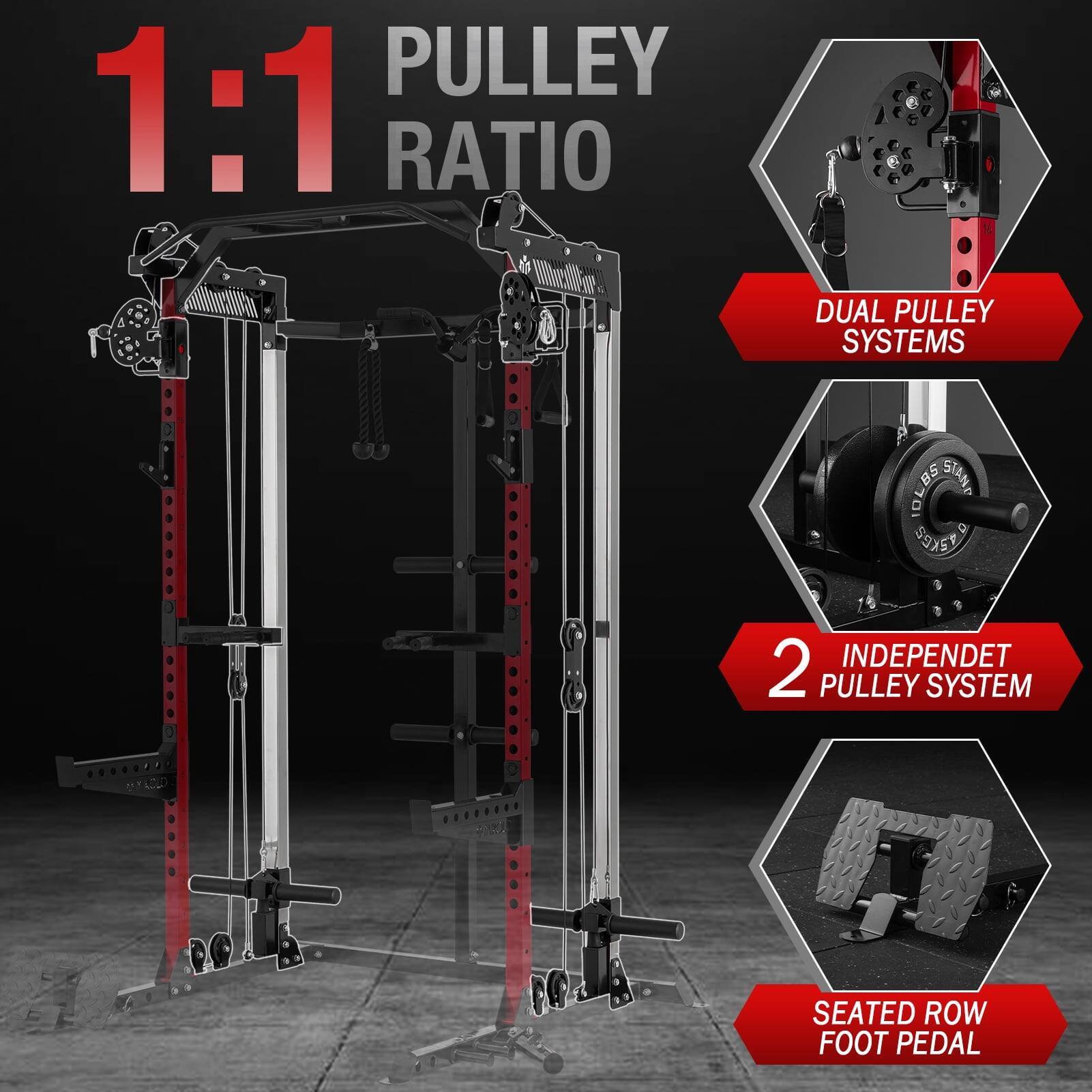 PULLEY 1:1 RATIO, DUAL PULLEY SYSTEMS, 2 INDEPENDENT PULLEY SYSTEM, SEATED ROW FOOT PEDAL