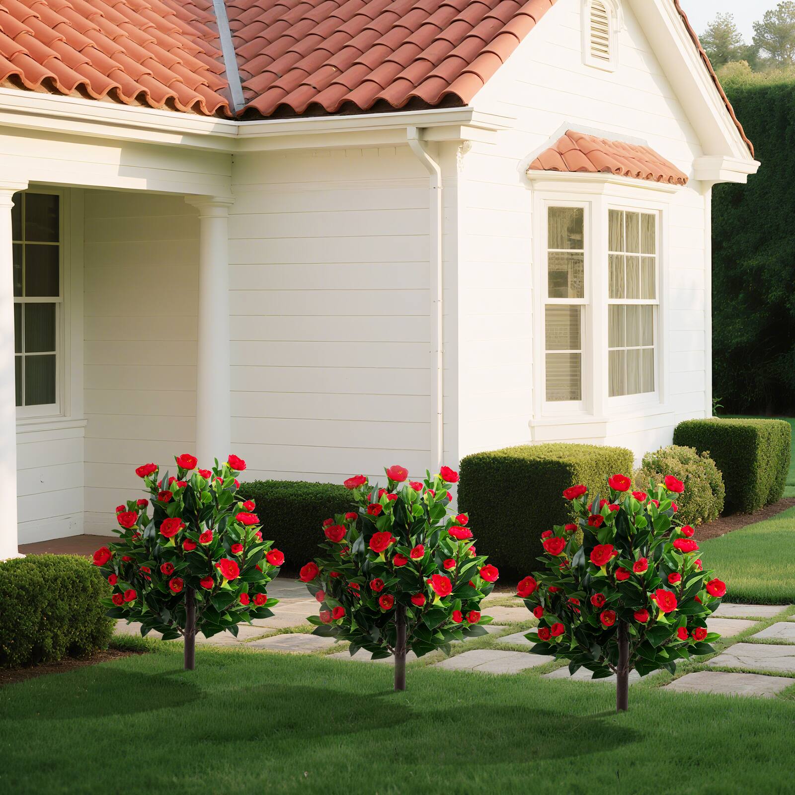 Alt View 4. Gymax - Gymax 2 Pack 31'' Artificial Camellia Tree Set w/Ground Spikes Floral Blooming Bushes - Green.