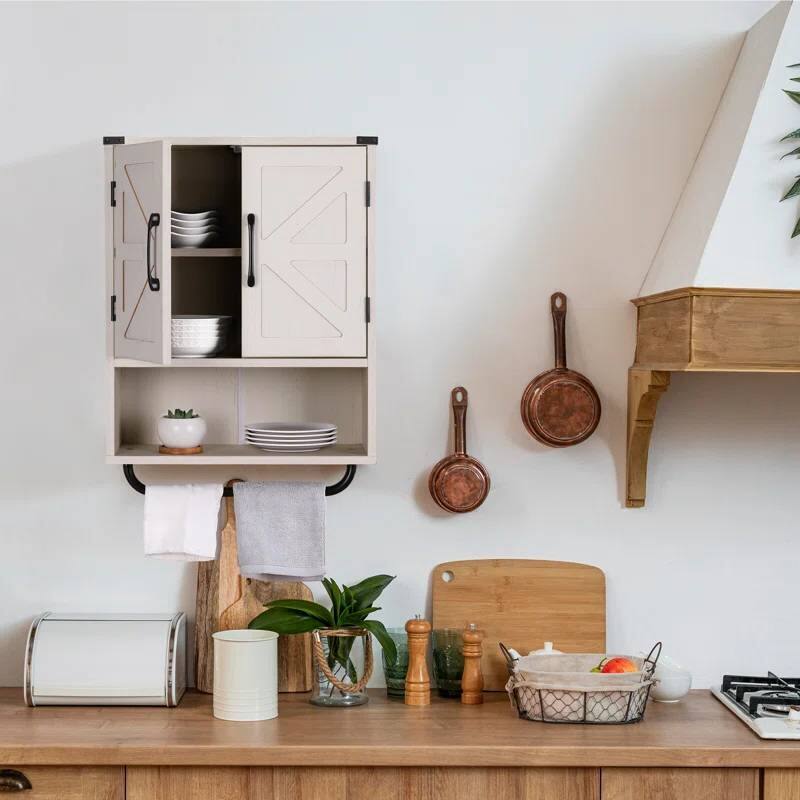 Left. Hivvago - White Farmhouse Bathroom Wall Cabinet with Storage Shelf and Towel Bar - White.