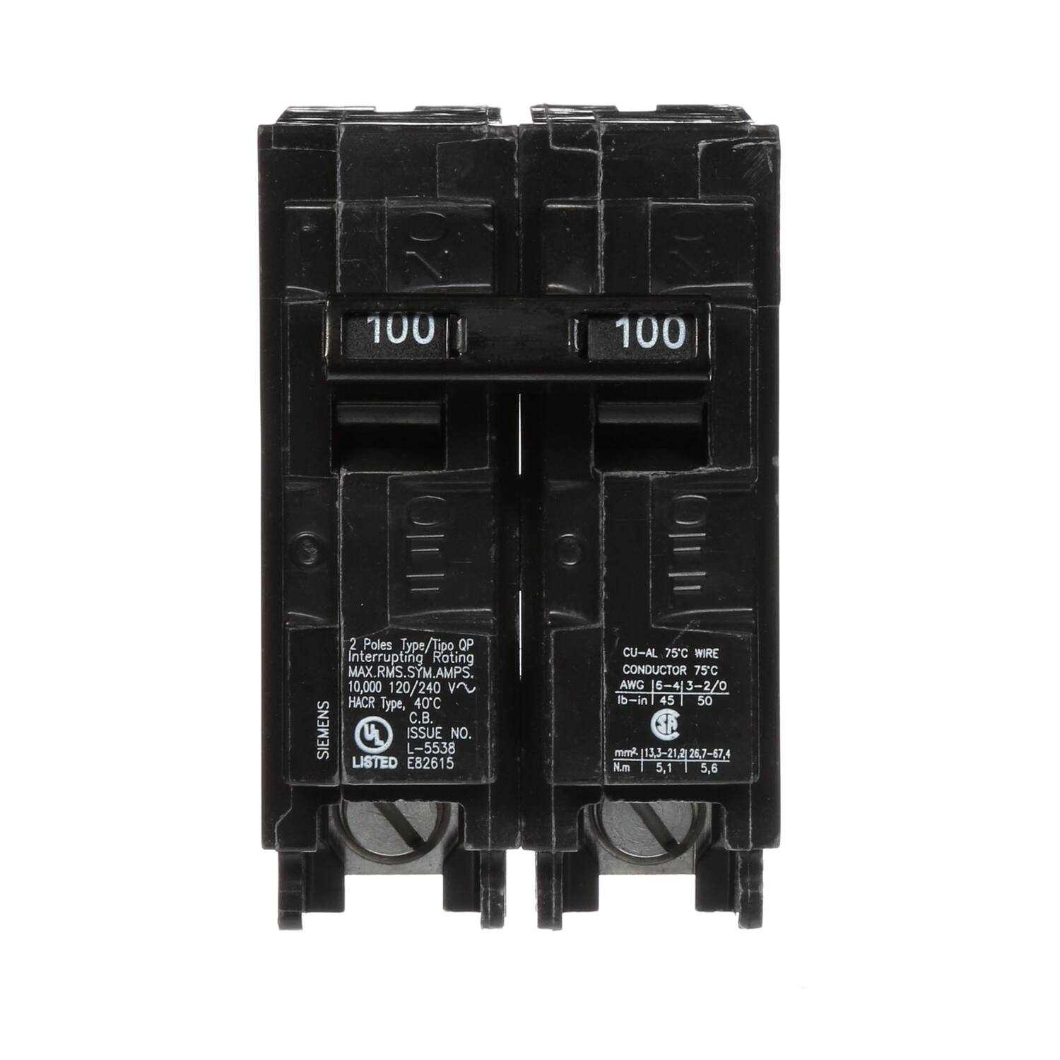 100  
100  
2 Poles Type/Tips QP Interrupting Roting MAX.RMS.SYM.AMPS 10,000 120/240 V~ HACR Type, 40C C.B. SIEMENS LISTED E82615 L-5538 ISSUE NO.  
CU-AL 75C WIRE CONDUCTOR 75C AWG |6-4|3-2/0 lb-in 45 50 mm2 13,3-21,21 26,7-67,4 N.m 5,1 5,6
