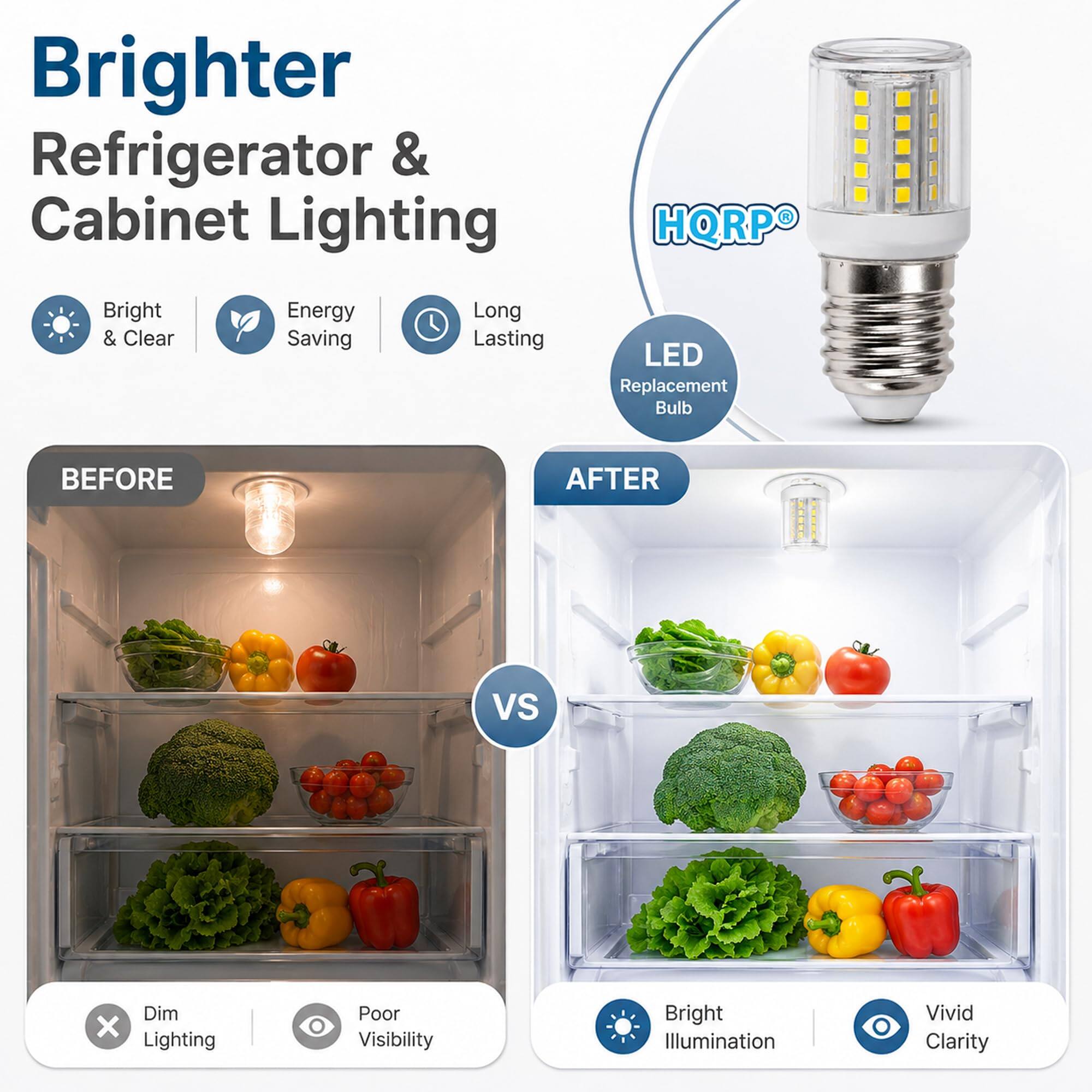 Brighter Refrigerator & Cabinet Lighting

HQRPO 1

Bright & Clear
Energy Saving
Long Lasting
LED Replacement Bulb

BEFORE
AFTER

VS

Dim X Lighting
Poor Visibility
Bright Illumination
Vivid Clarity