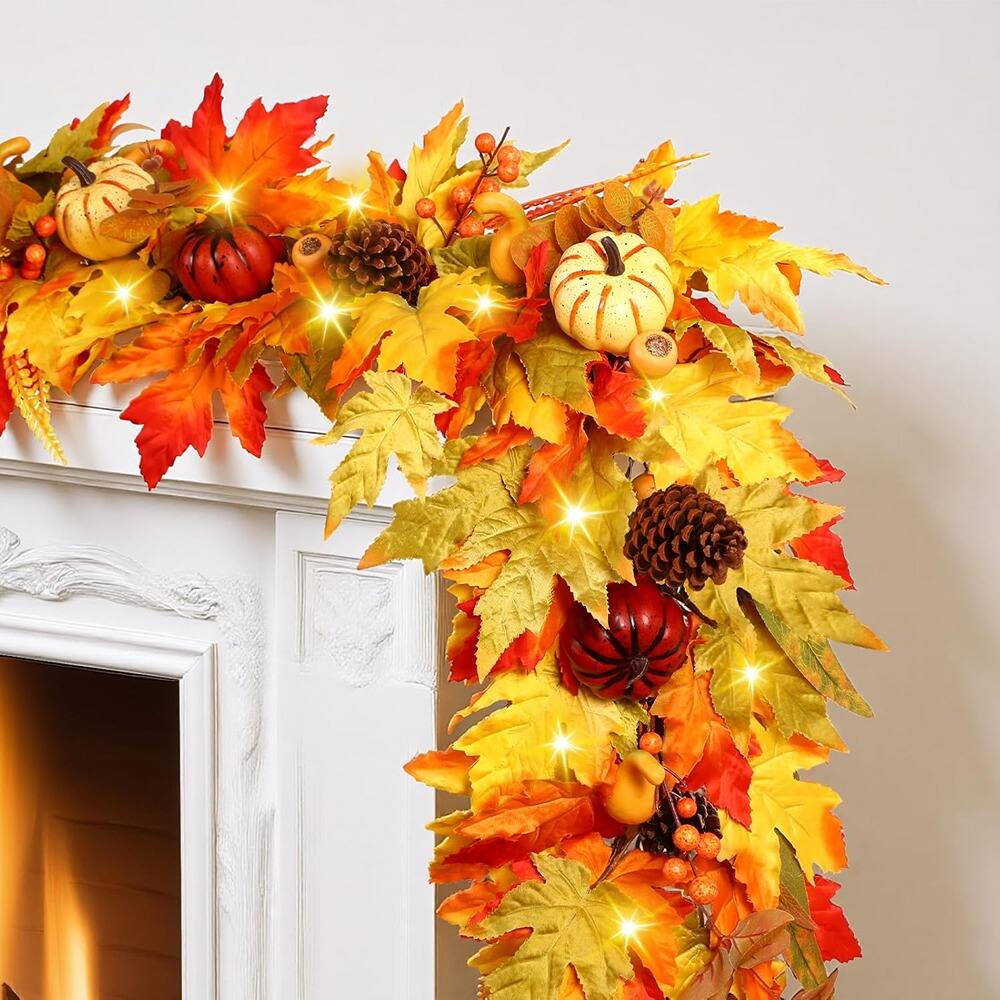 PARKER SLATER - 6FT Fall Garland with Lights, Autumn Leaves & Pumpkins for Indoor/Outdoor - Orange