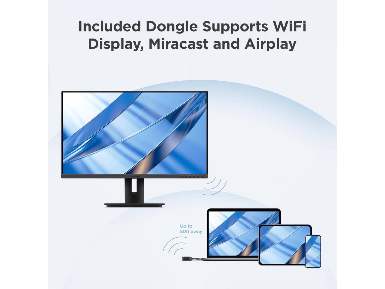 Included Dongle Supports WiFi Display, Miracast and Airplay Up to 50ft away
