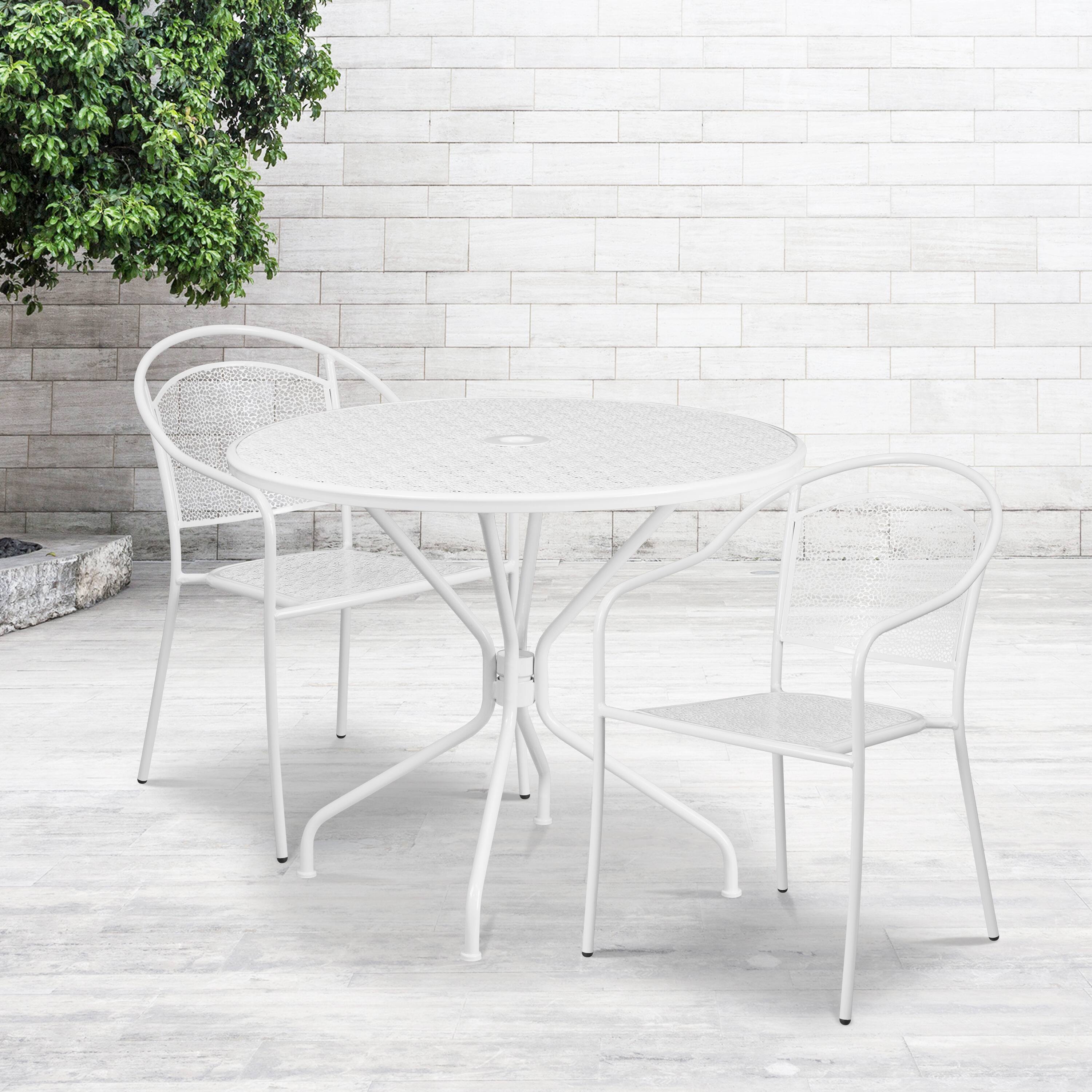 Alt View 1. Emma + Oliver - Commercial 35.25" Round Metal Garden Patio Table Set w/ 2 Round Back Chairs - White.
