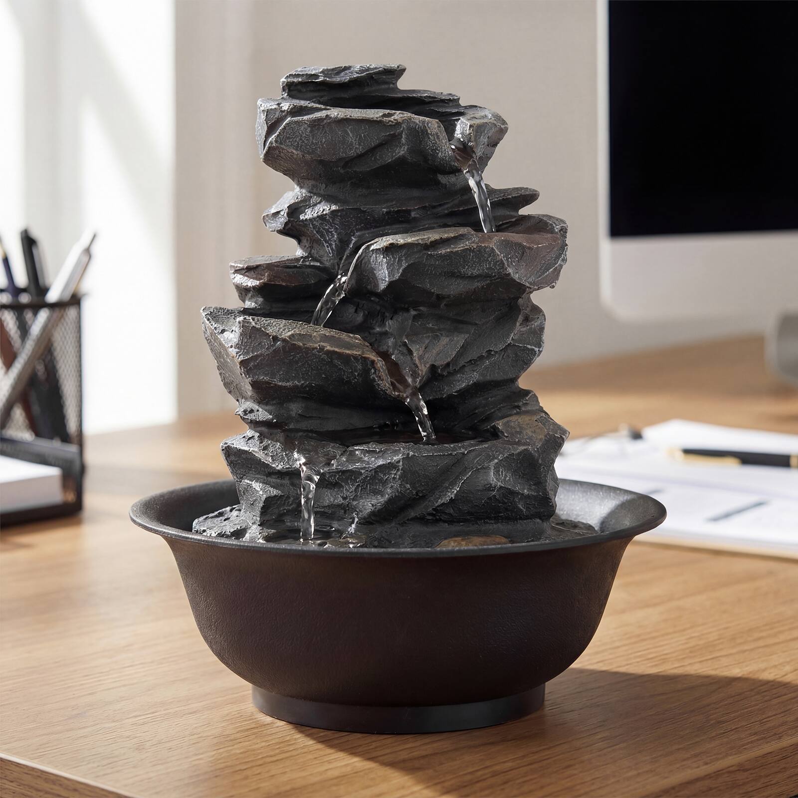 Alt View 3. Gymax - Gymax Tabletop Water Fountain w/LED Light Pump & Adjustable Flow for Home Office - Black.