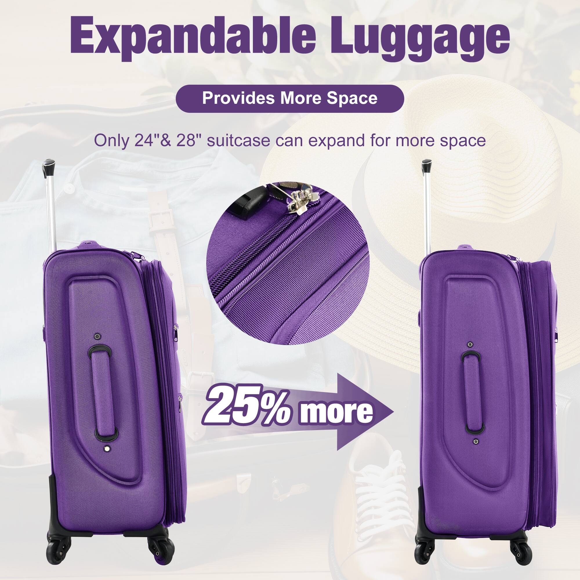 Expandable Luggage  
Provides More Space  
Only 24" & 28" suitcase can expand for more space  
25% more