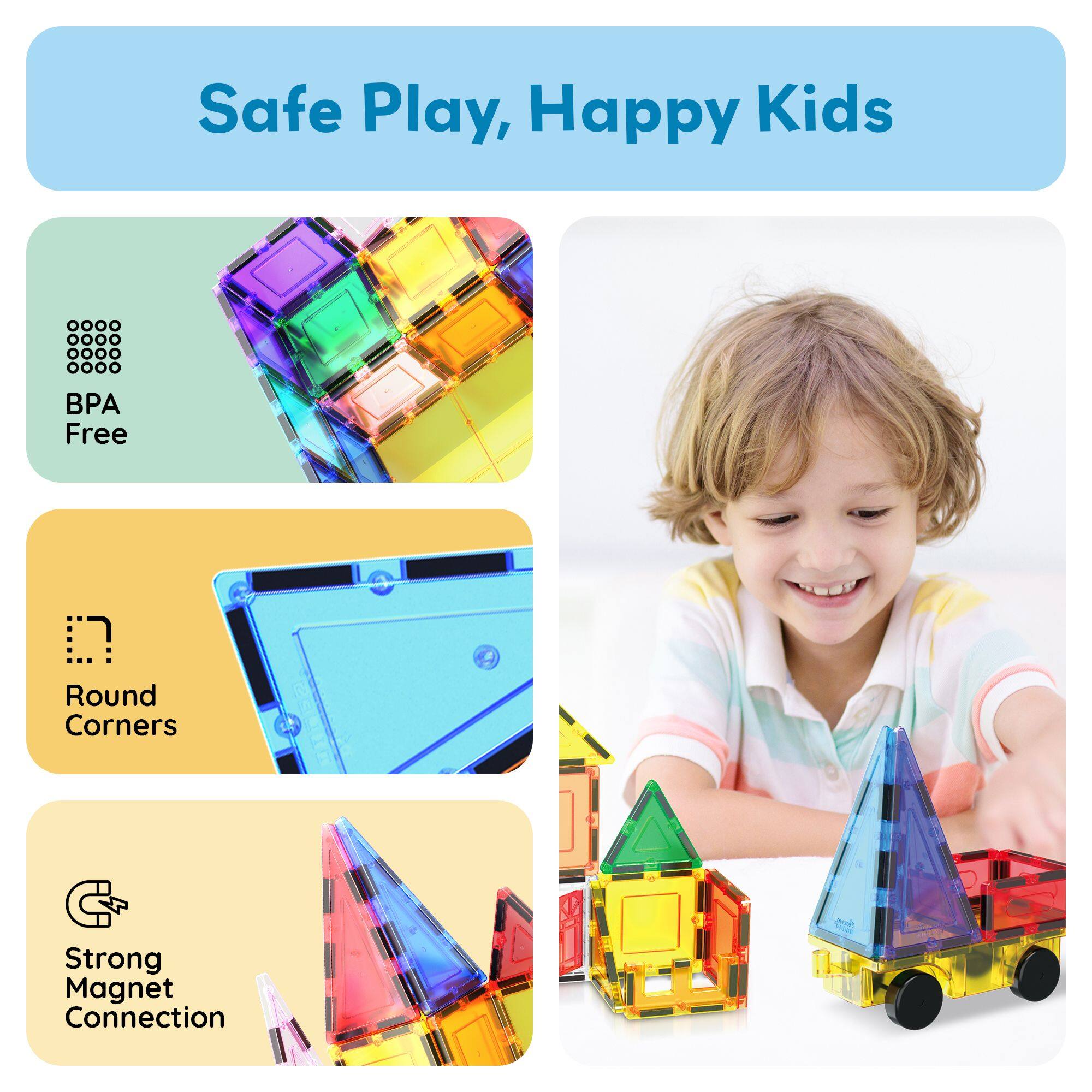 Safe Play, Happy Kids
BPA Free
Round Corners
Strong Magnet Connection
