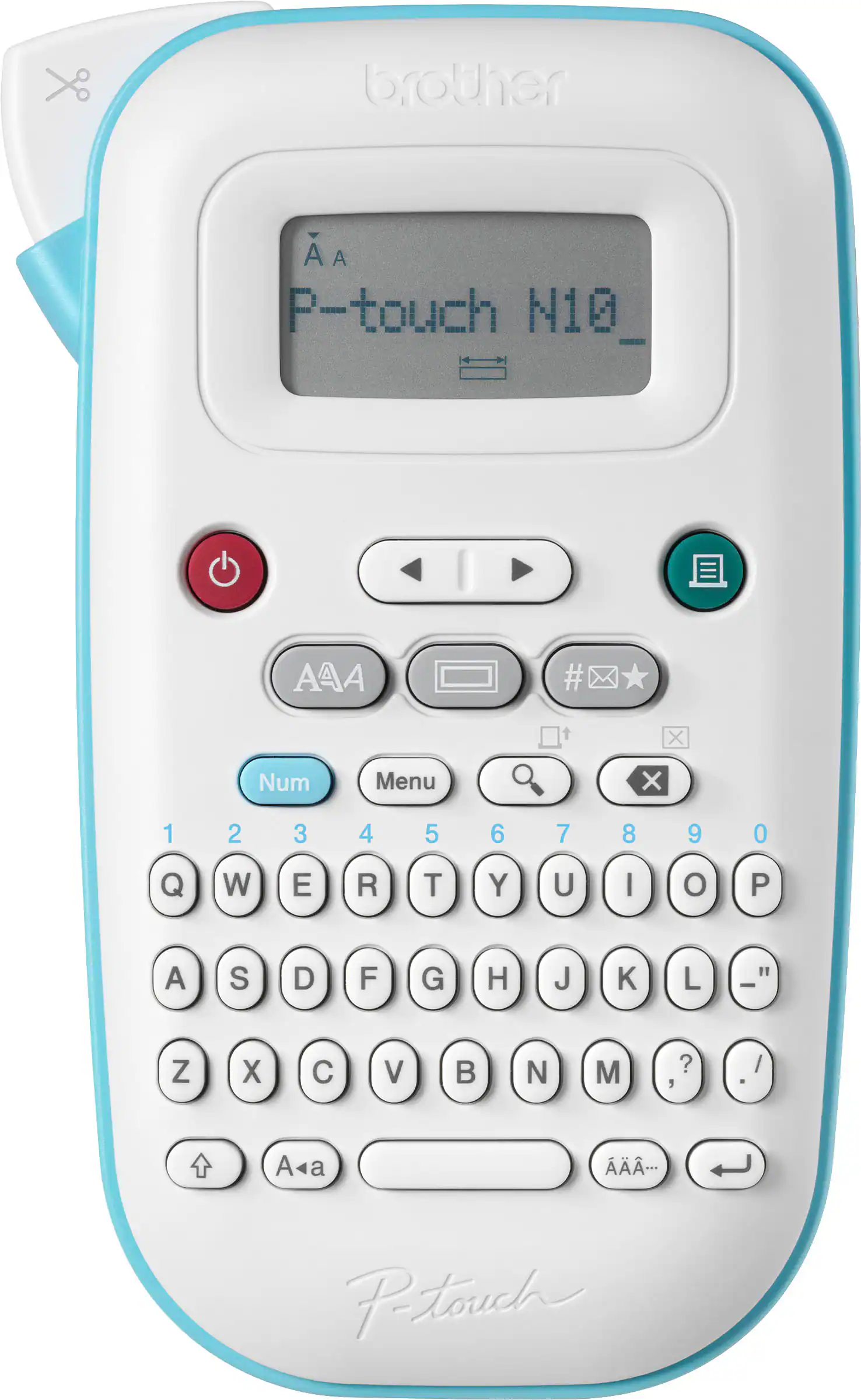 The text on the image reads: "Brother P-touch N10 AAA # X Num Menu X 1 2 3 4 5 6 7 8 9 0 Q W E R T Y U I O P A S D F G H J K L " - Z X C V N M ? , / A a A... Petouch."