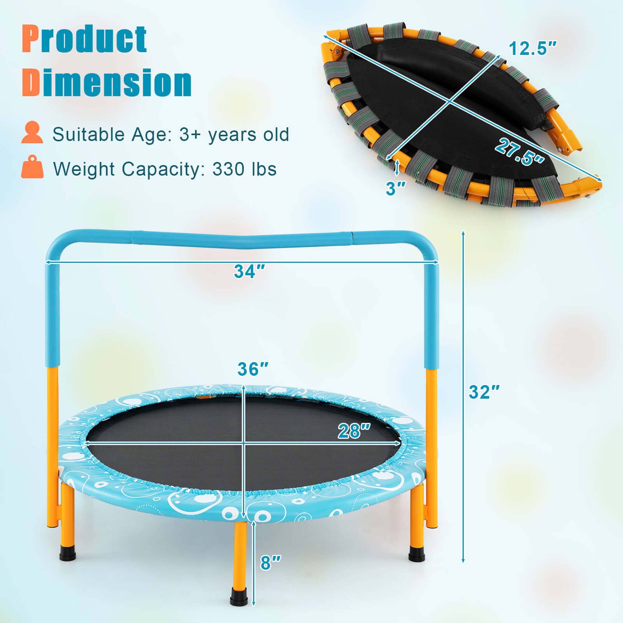 Product Dimension

Suitable Age: 3+ years old  
Weight Capacity: 330 lbs

- 12.5"  
- 27.5"  
- 3"  
- 34"  
- 36"  
- 28"  
- 32"  
- 8"