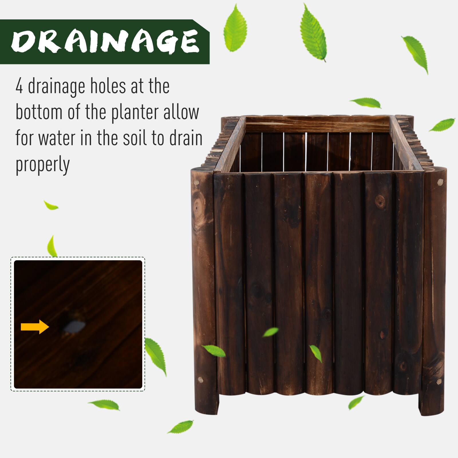 **DRAINAGE**

4 drainage holes at the bottom of the planter allow for water in the soil to drain properly