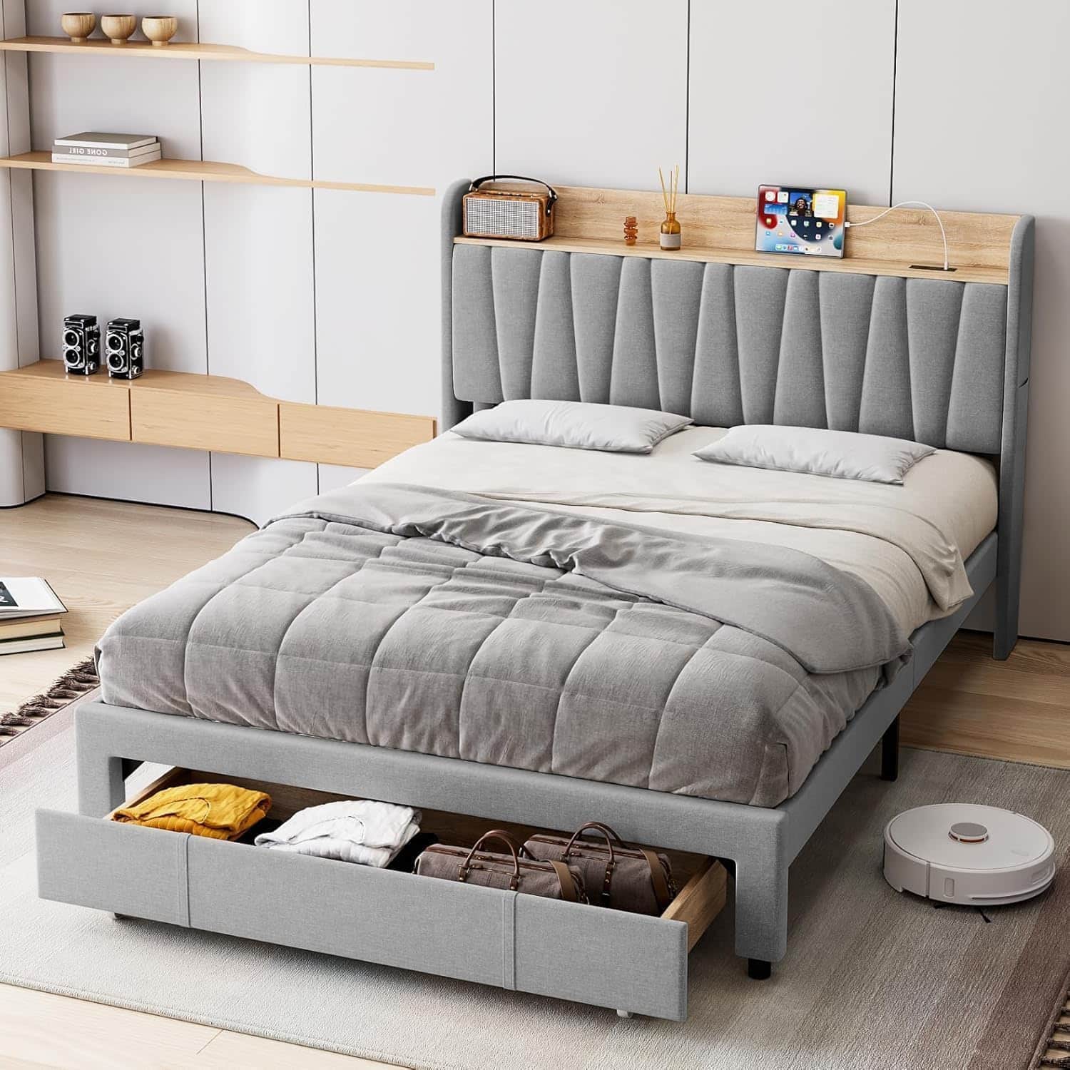 GARVEE - Upholstered Bed Frame with Storage Drawer and Wooden Slats Support, Stylish Modern Platform Design - Gray