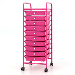 Ecooso - 10-Drawer Rolling Storage Cart with Universal Casters, Mobile Drawer Organizer for Craft Room and Home Storage - Pink